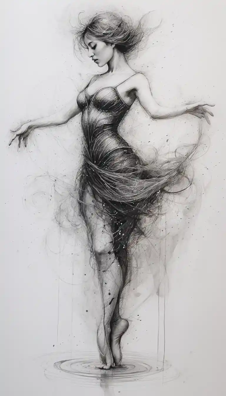 Ethereal woman dancer in swirling graphite vortex motion