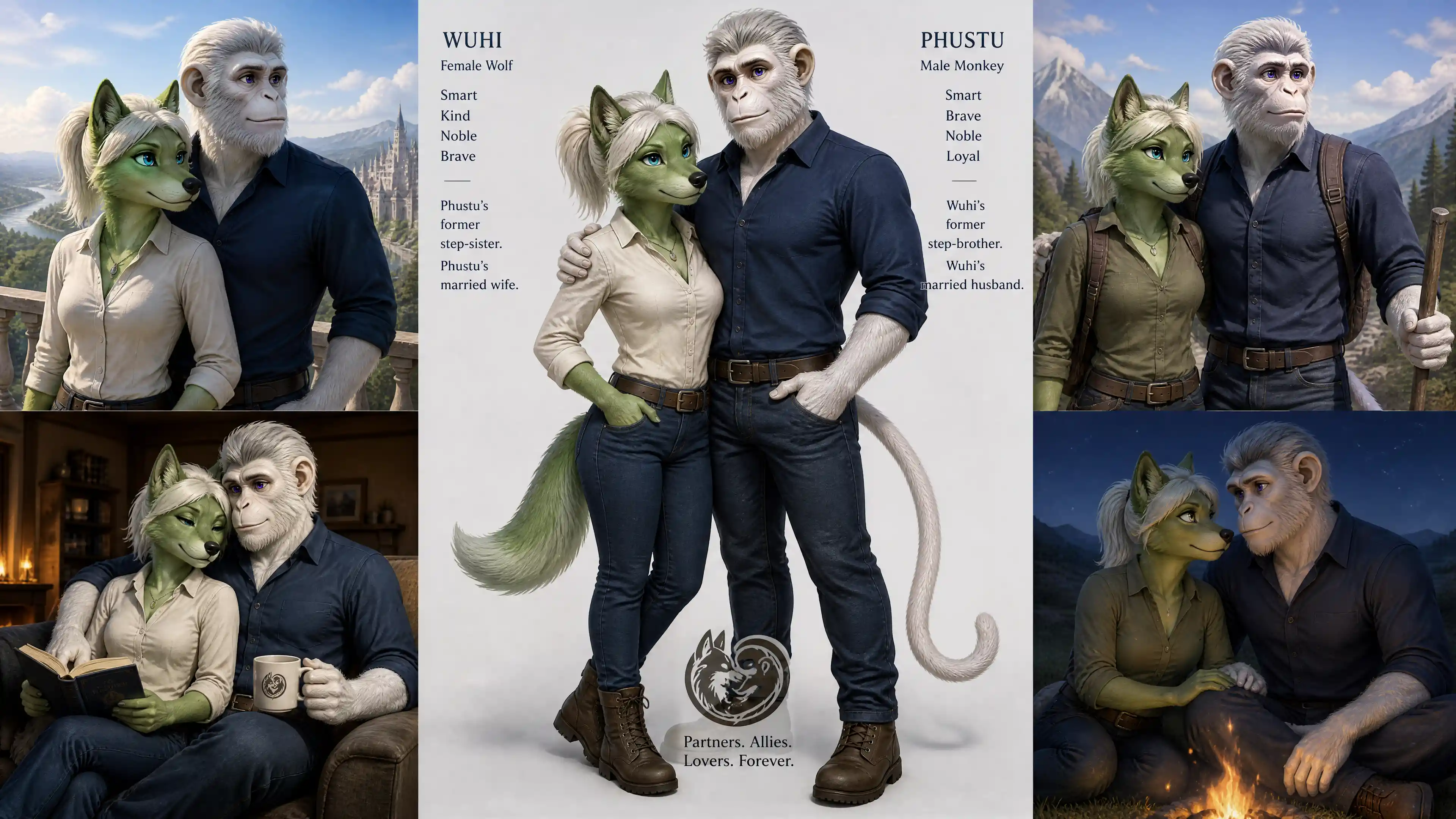 Anthro wolf and monkey couple standing in casual clothes