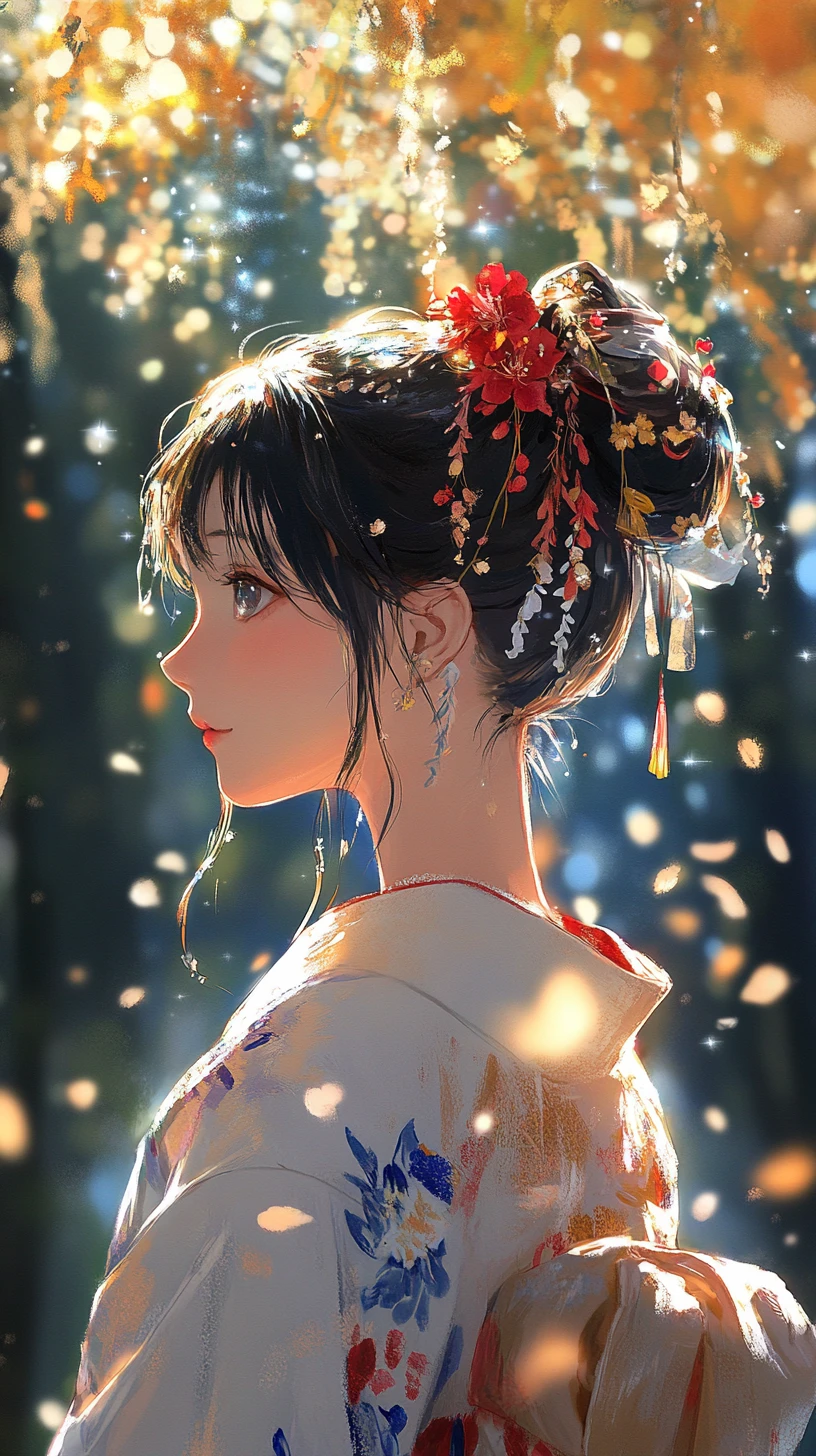Ragazza anime in kimono bianco sotto la volta luminosa di una foresta autunnale