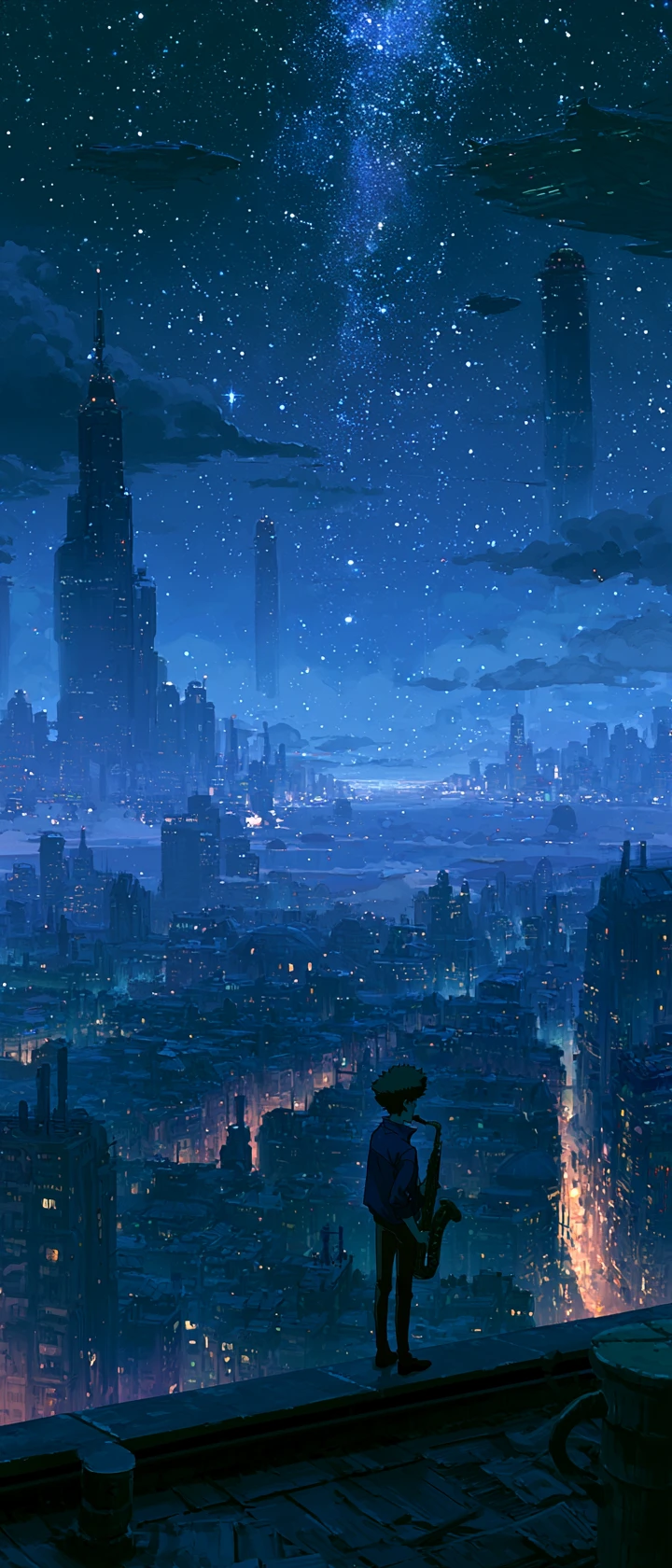 Jazz saxophonist on a lonely rooftop above futuristic city