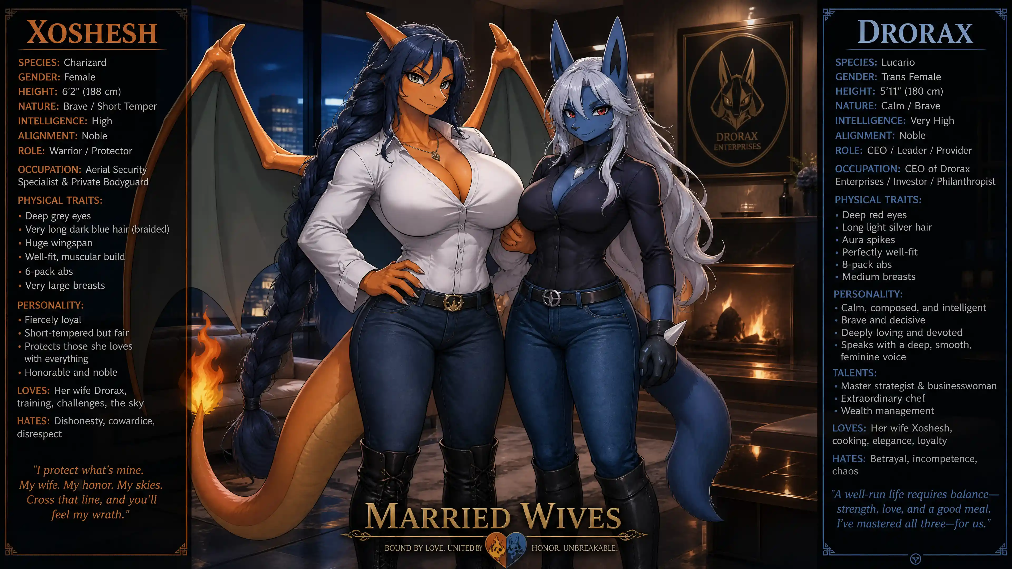 Tall winged dragon woman with braided blue hair in casual clothes