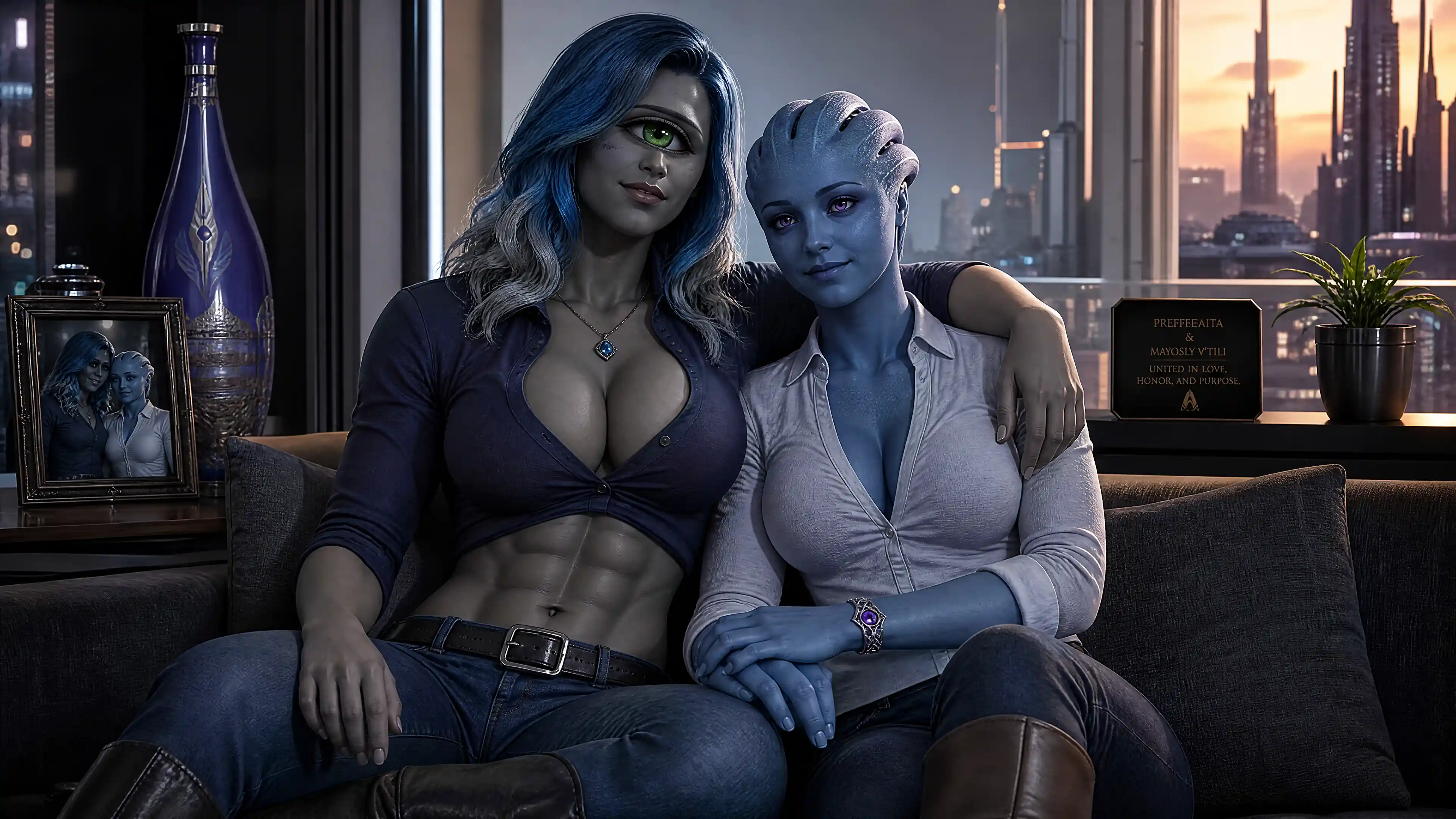 Tall trans cyclops woman with blue hair and green eye