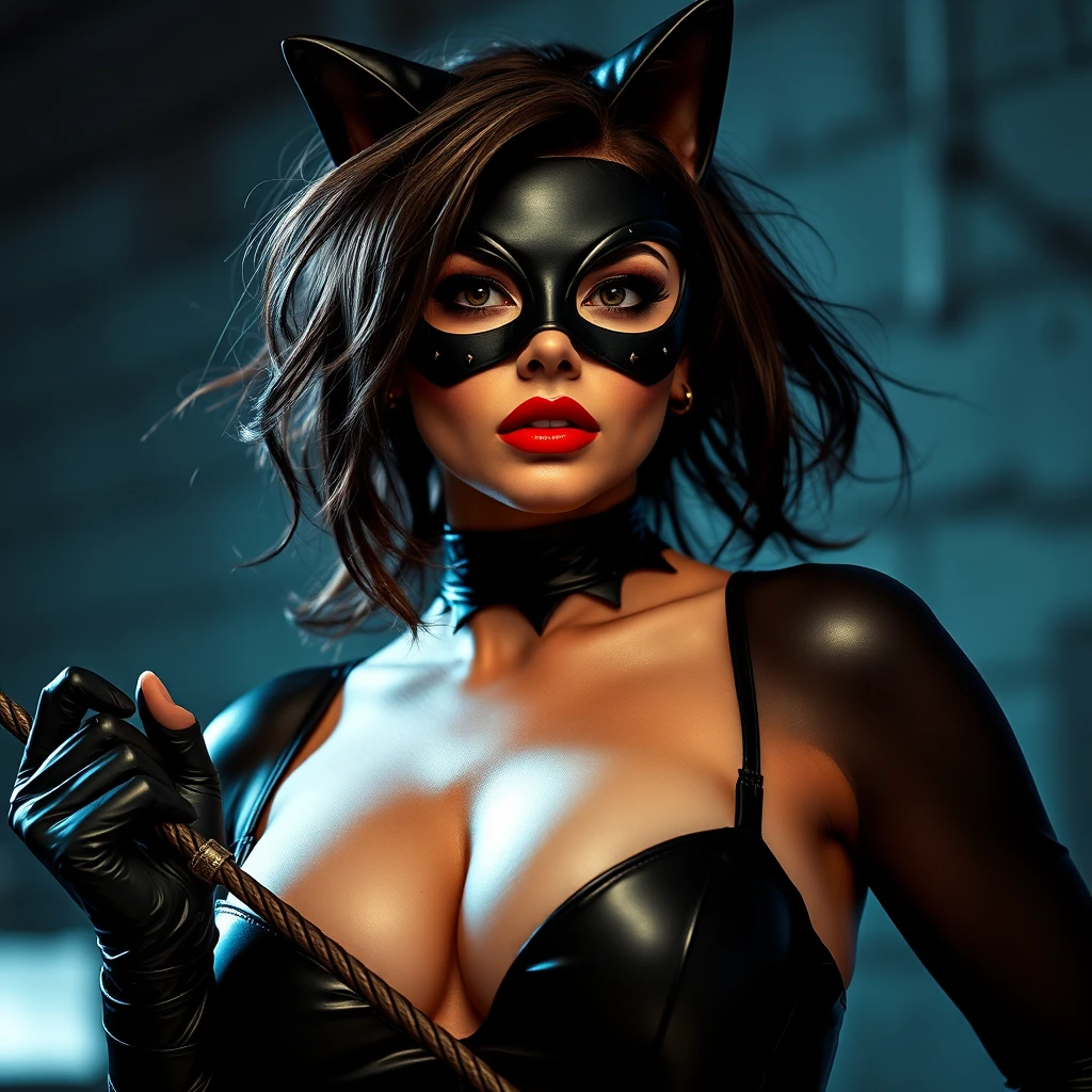 Punk inspired masked catwoman with whip in dramatic pose