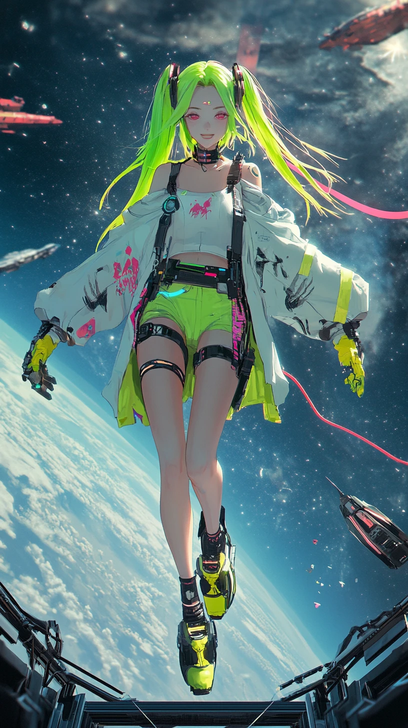 Ragazza anime che cammina sul bordo di una piattaforma spaziale fluttuante