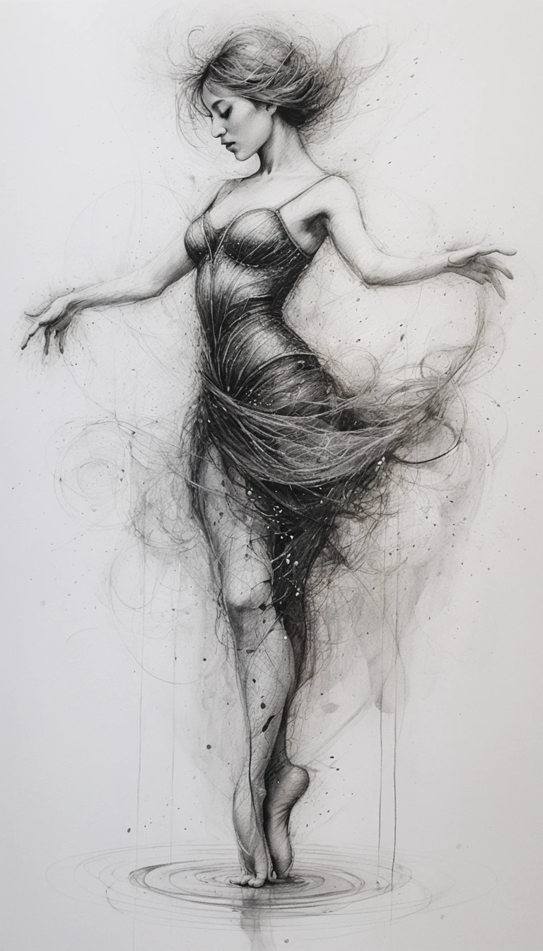 Ethereal woman dancer in swirling graphite vortex motion