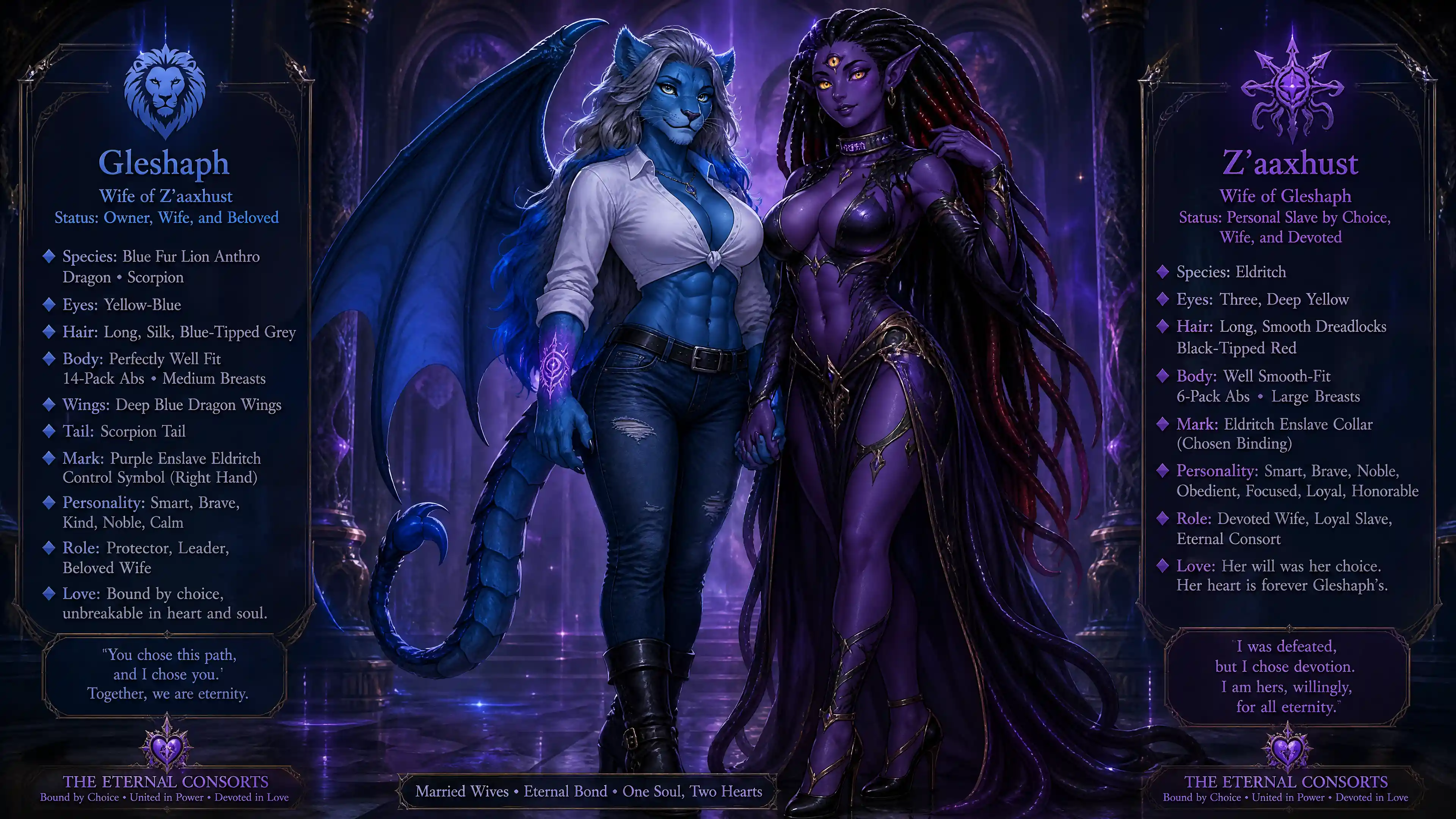 Blue fur lion woman with dragon wings and scorpion tail