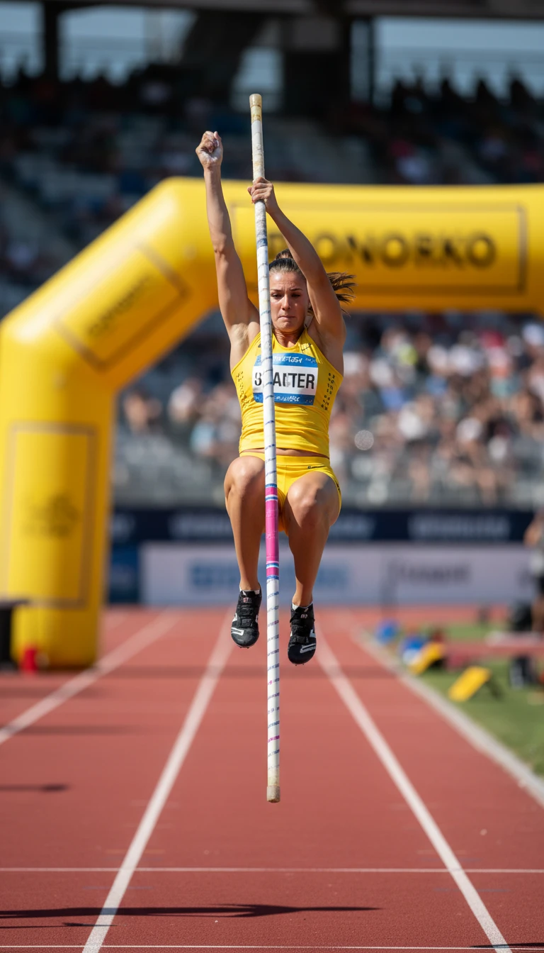 Female pole vaulter in midair during powerful stadium jump