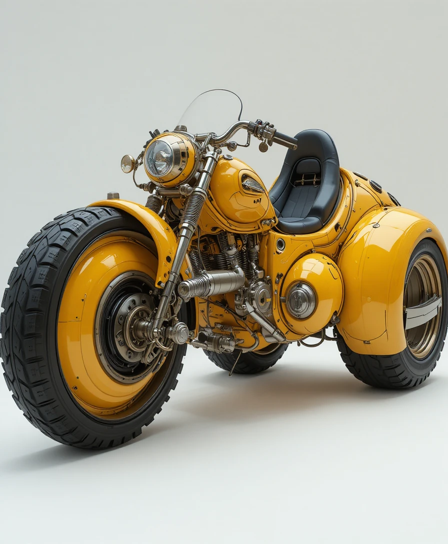 Futuristic yellow trike with broad black rubber tires