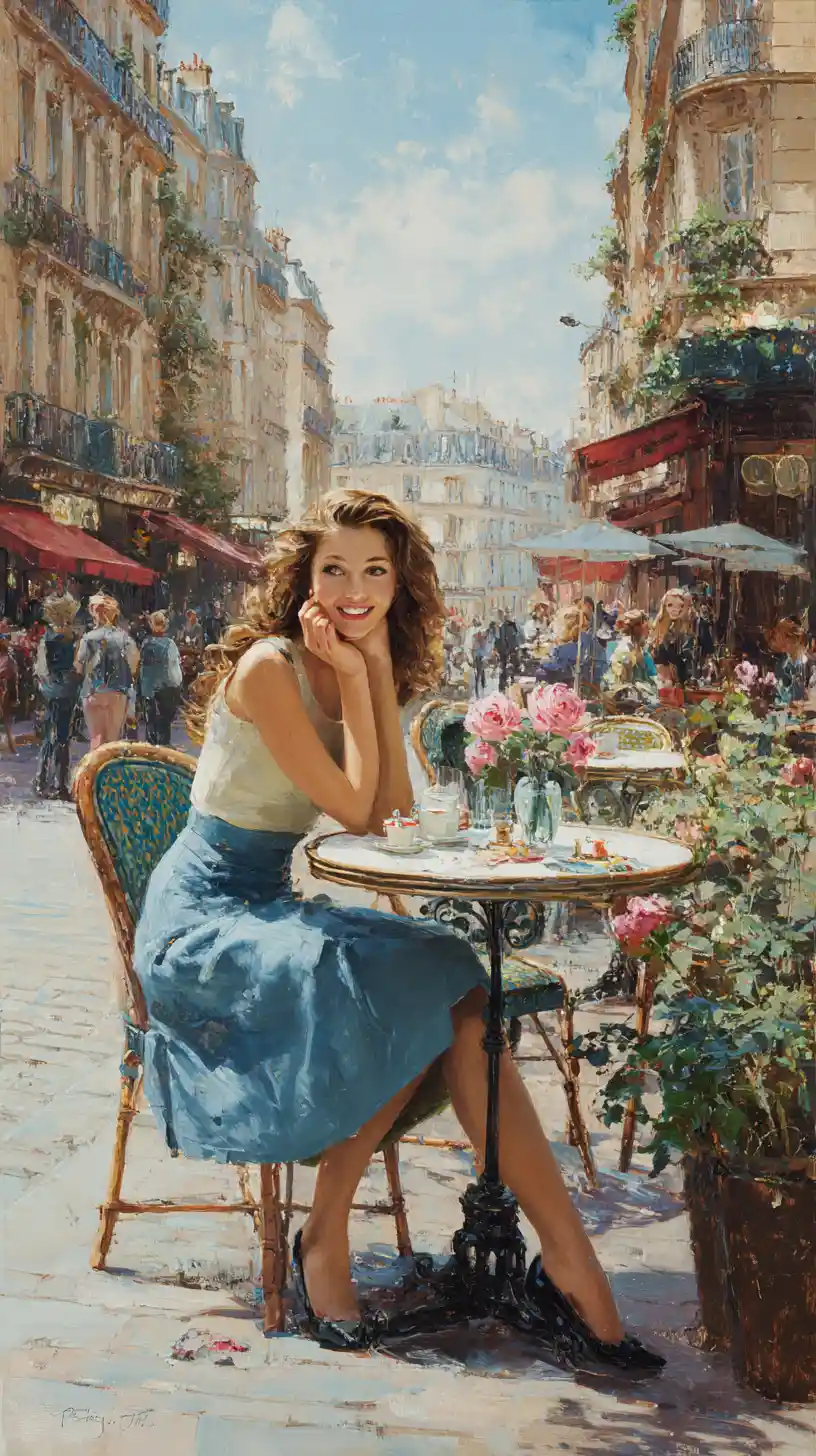 Young woman at a sunlit parisian cafe on a city street