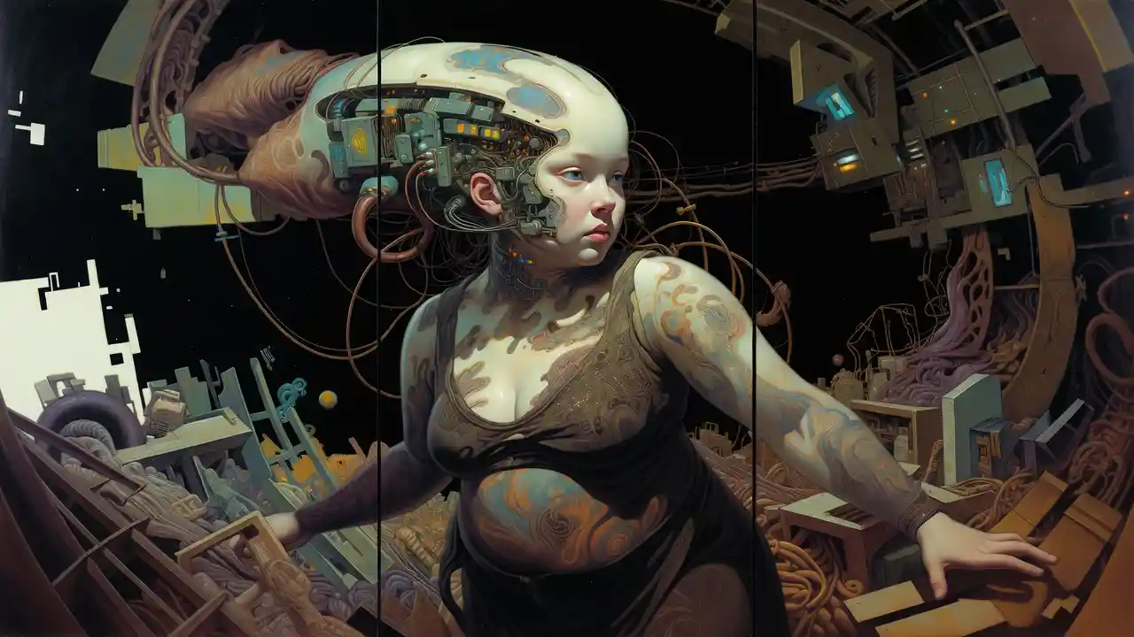 Cyborg woman exploring dark corridors of an ancient starship