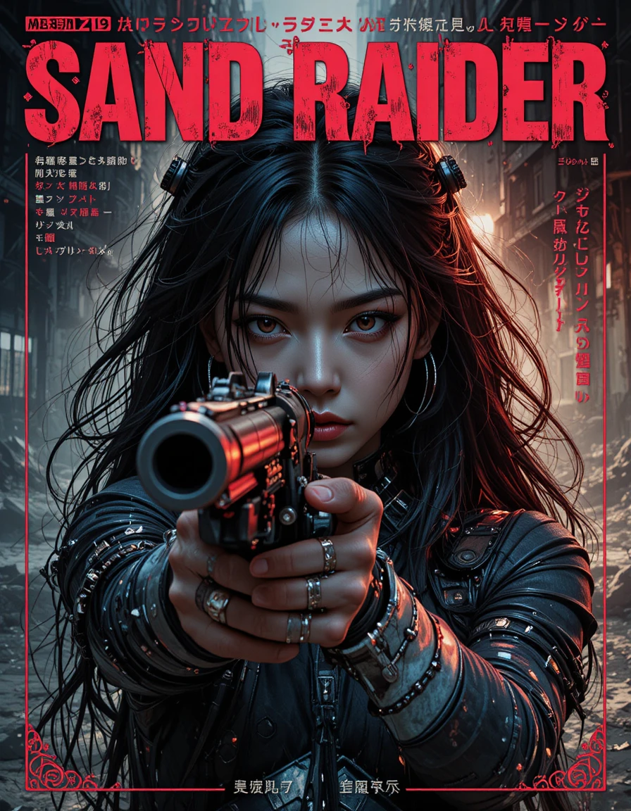Cyborg girl aiming a submachine gun on Japanese novel cover