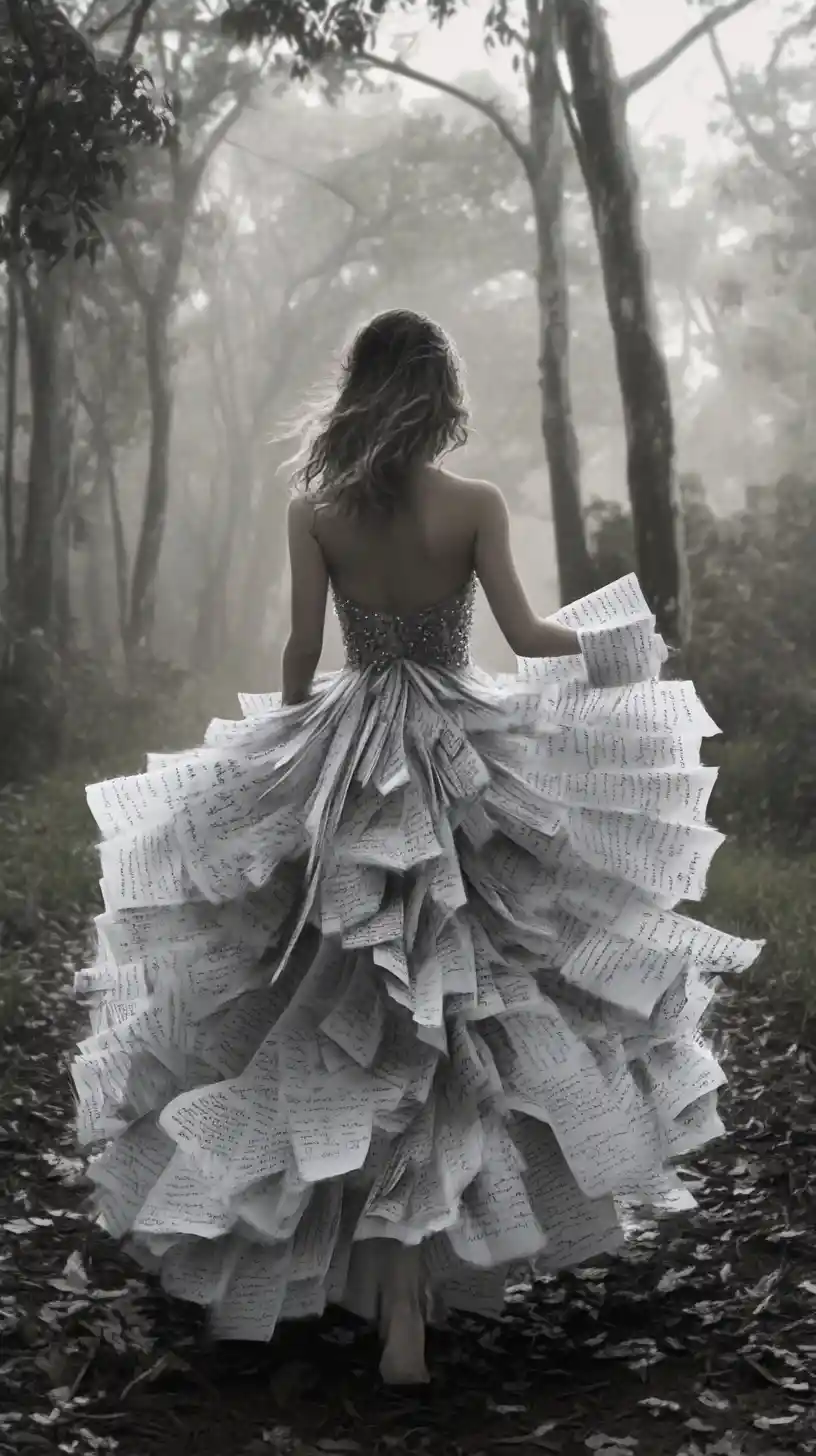Woman In Gown Of Letters Walking Through Misty Forest