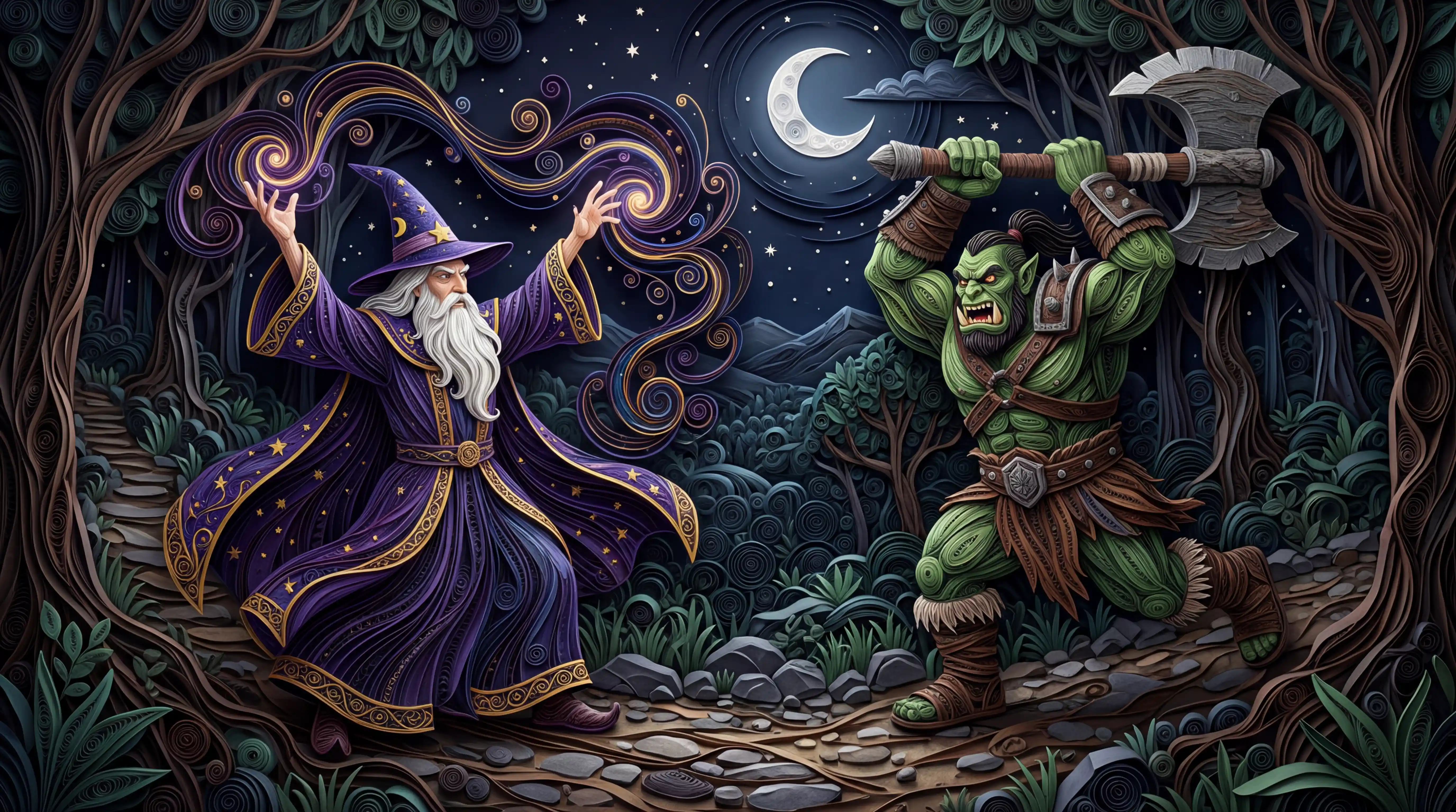 Mago contro un orco all’assalto in stile carta quilling