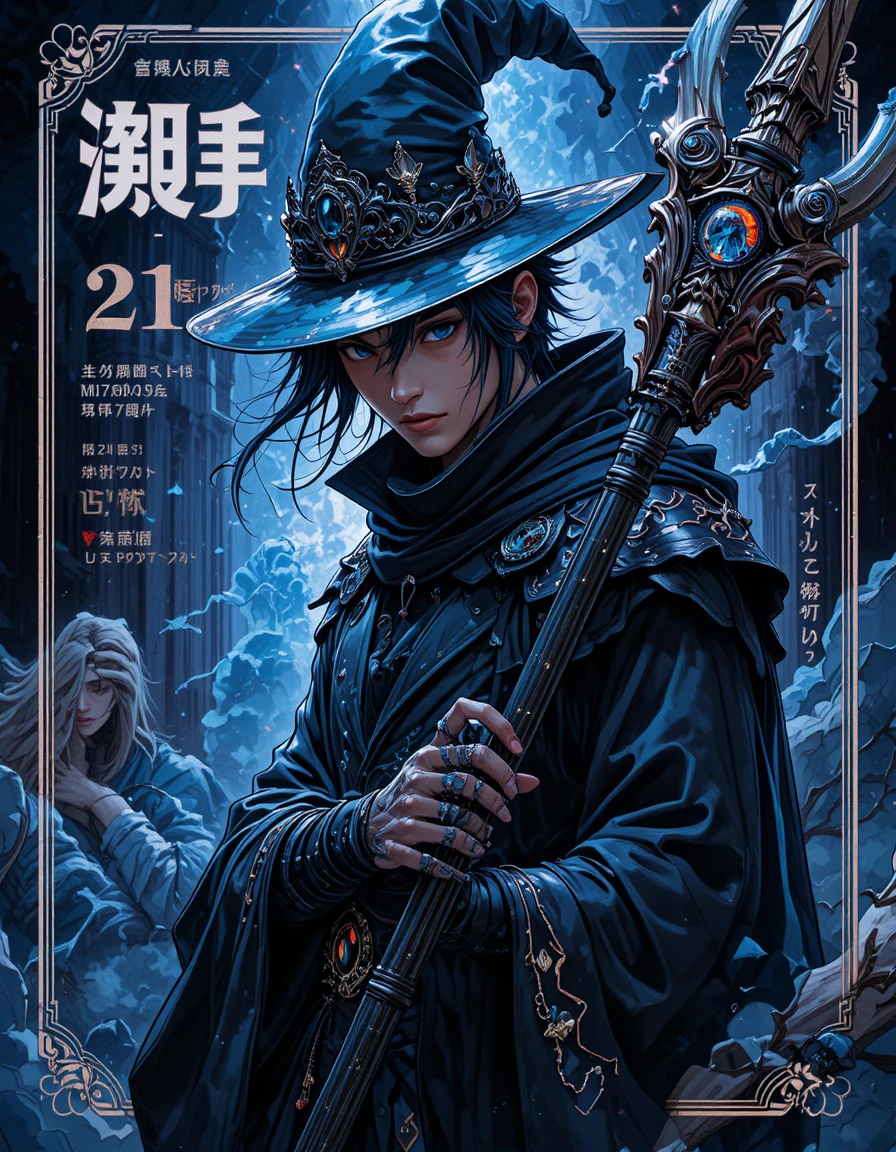 Ritratto di mago dark fantasy su copertina di light novel giapponese