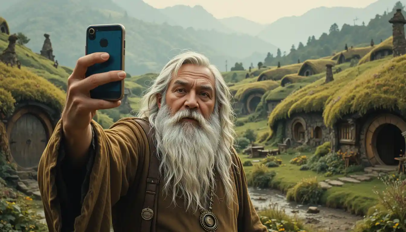 Wizard selfie illustration with hobbits in a peaceful shire