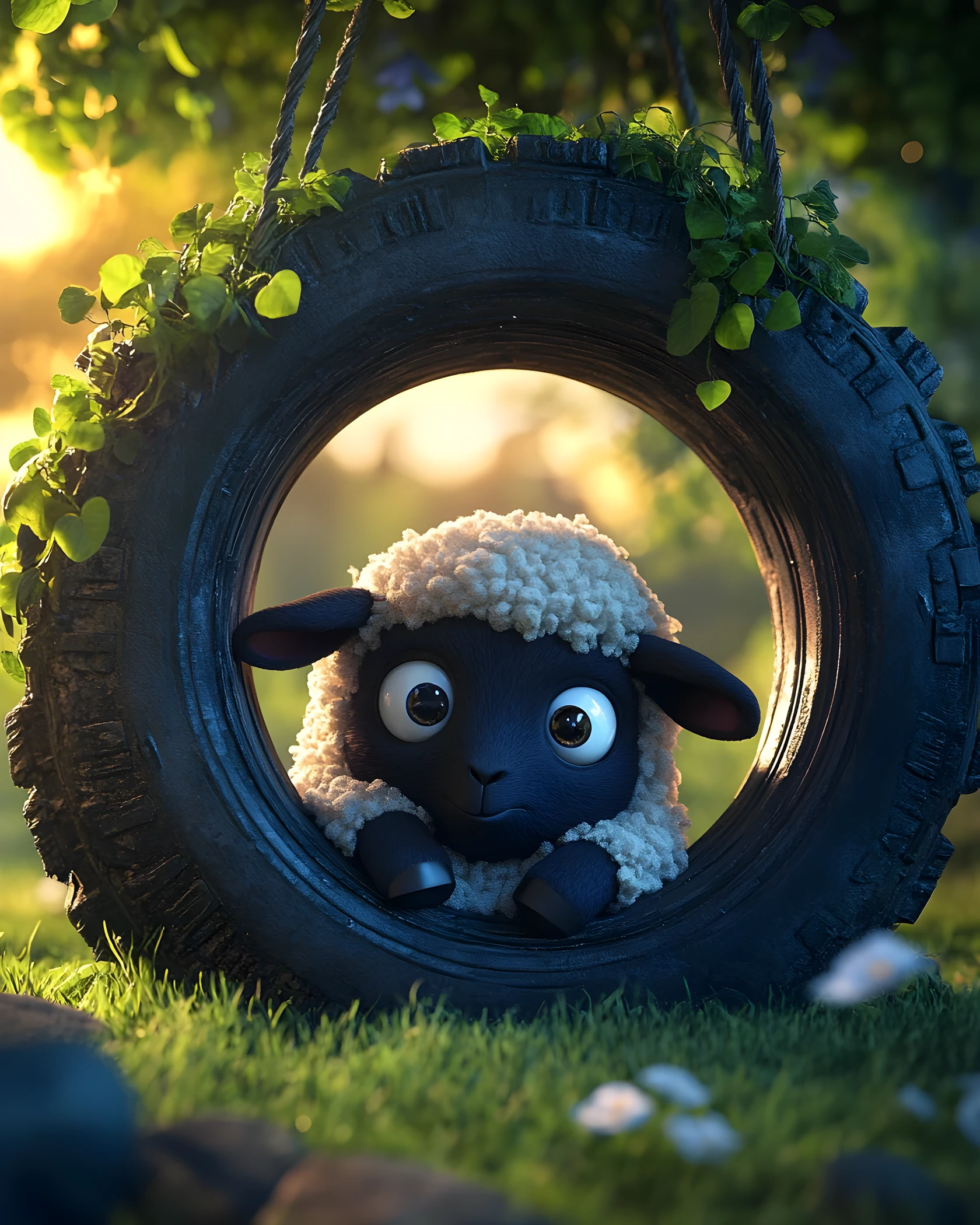 Cute sheep hiding under a tire swing at sunset