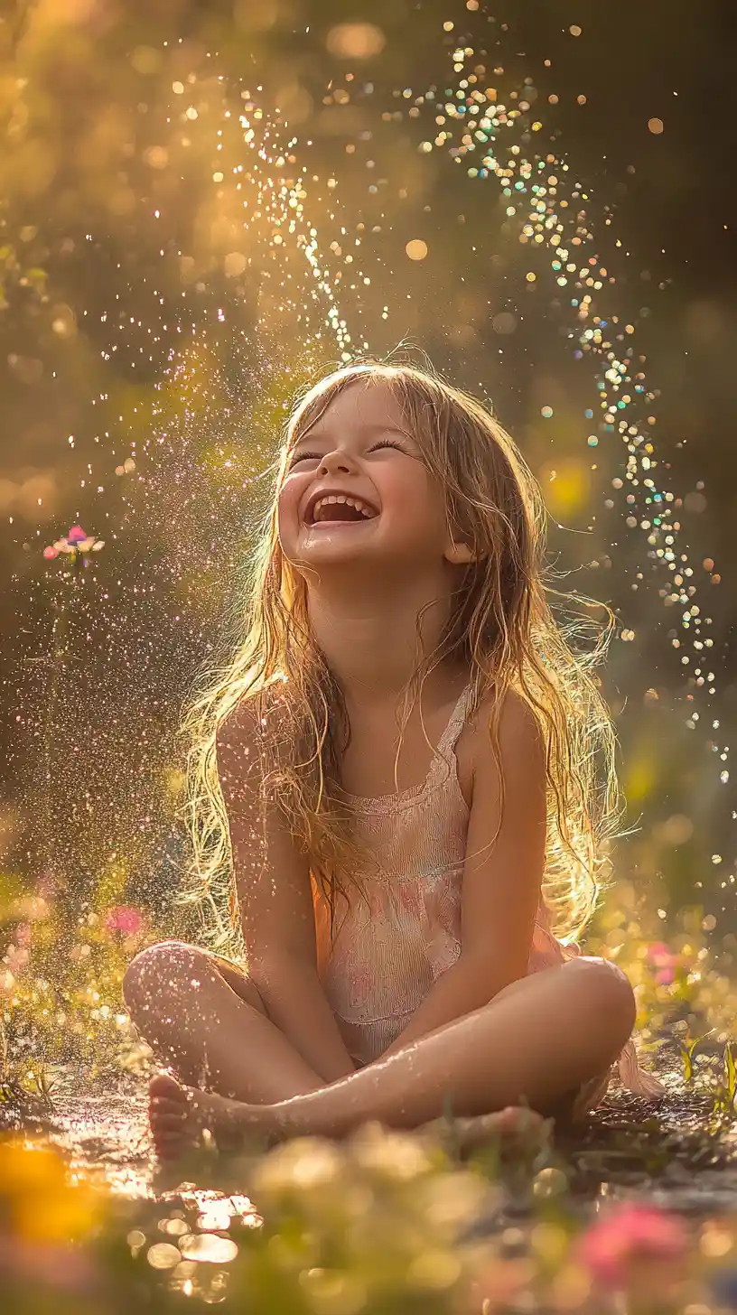 Laughing girl spraying water in a sunlit garden