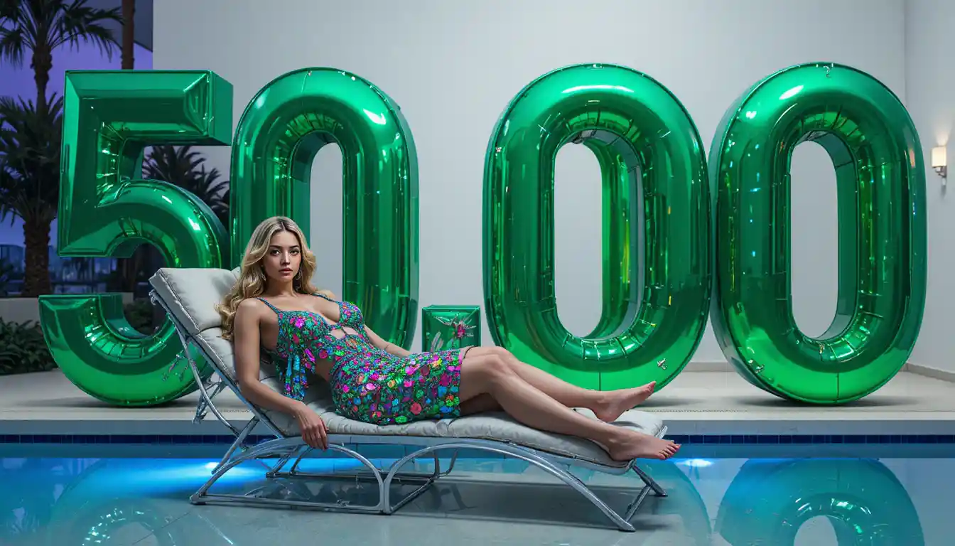 Glamorous blonde woman lounging by a glowing pool at dusk