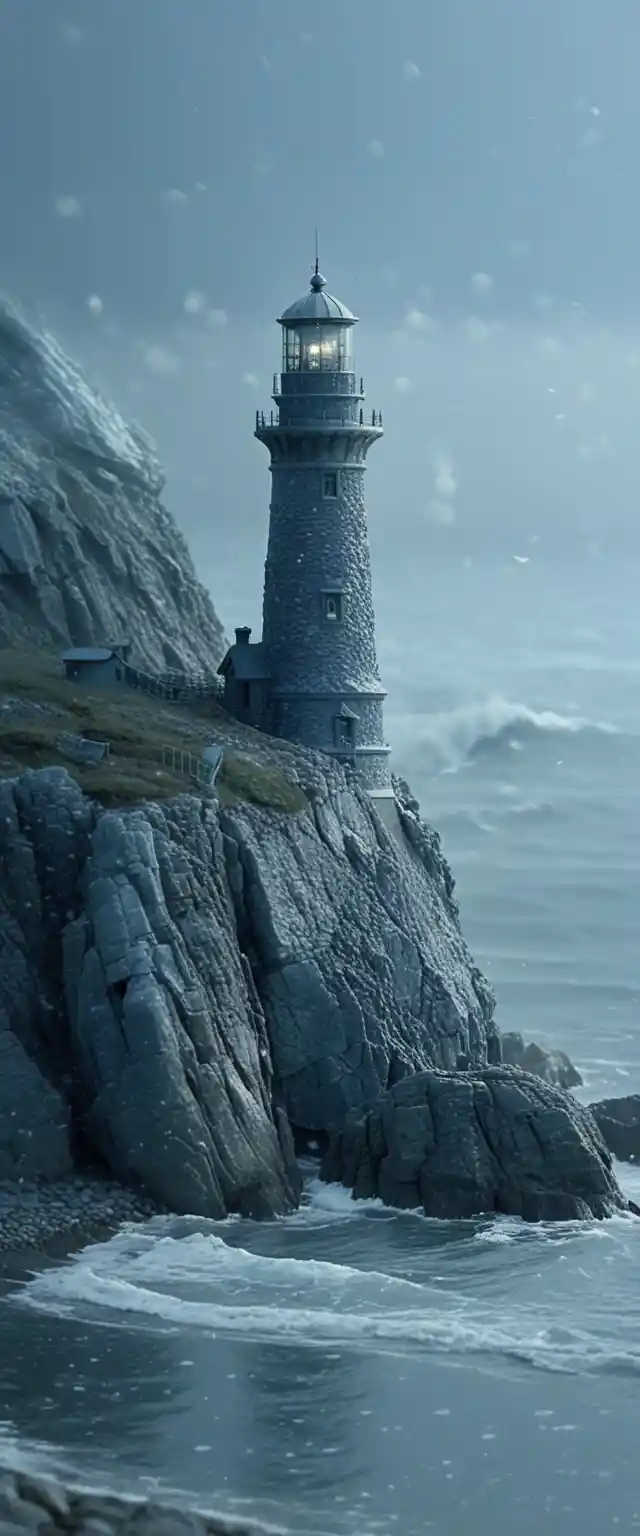 Lighthouse beacon shining over a foggy rocky shoreline