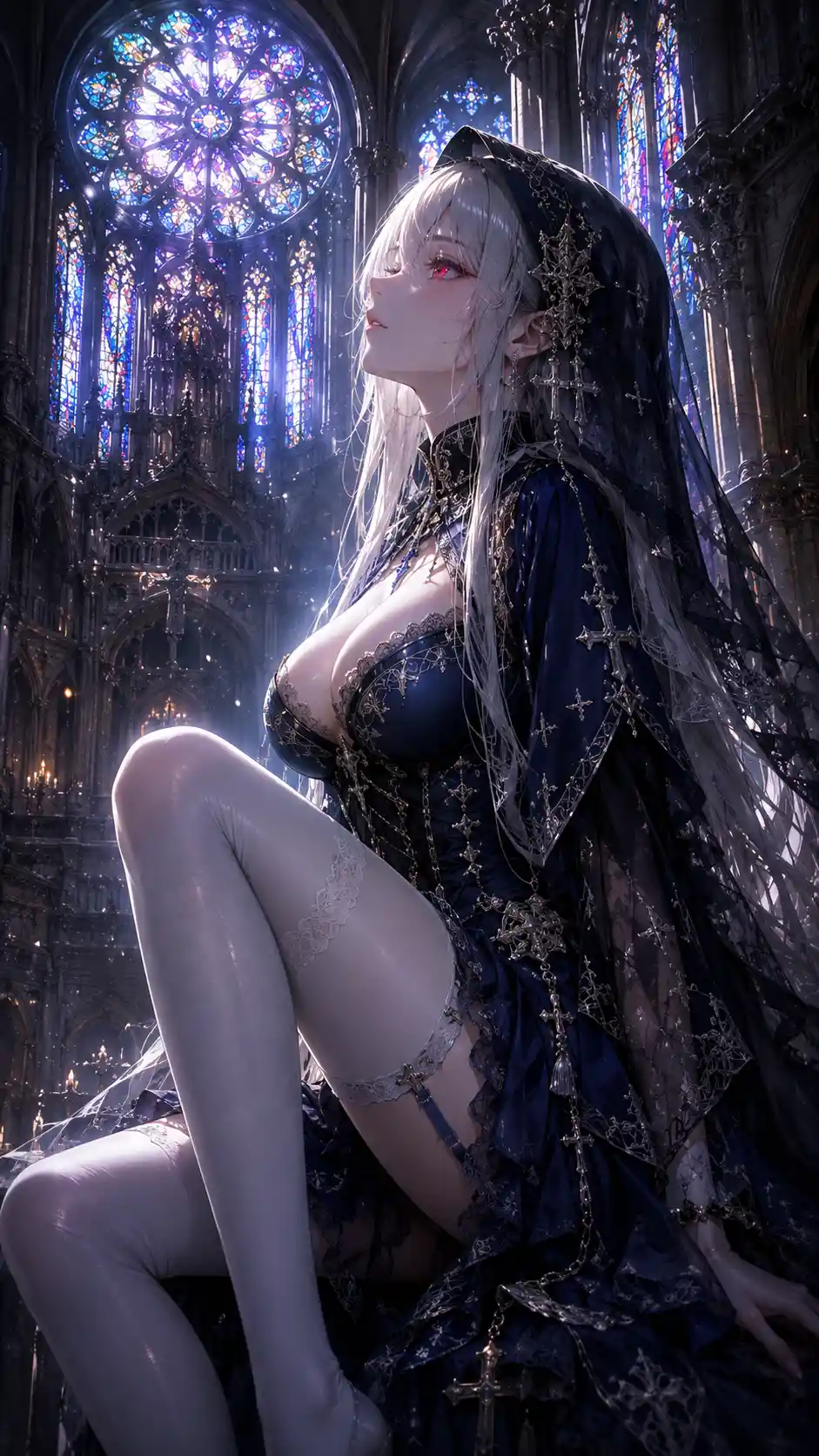 Donna anime dai capelli argento in calze in una cattedrale gotica