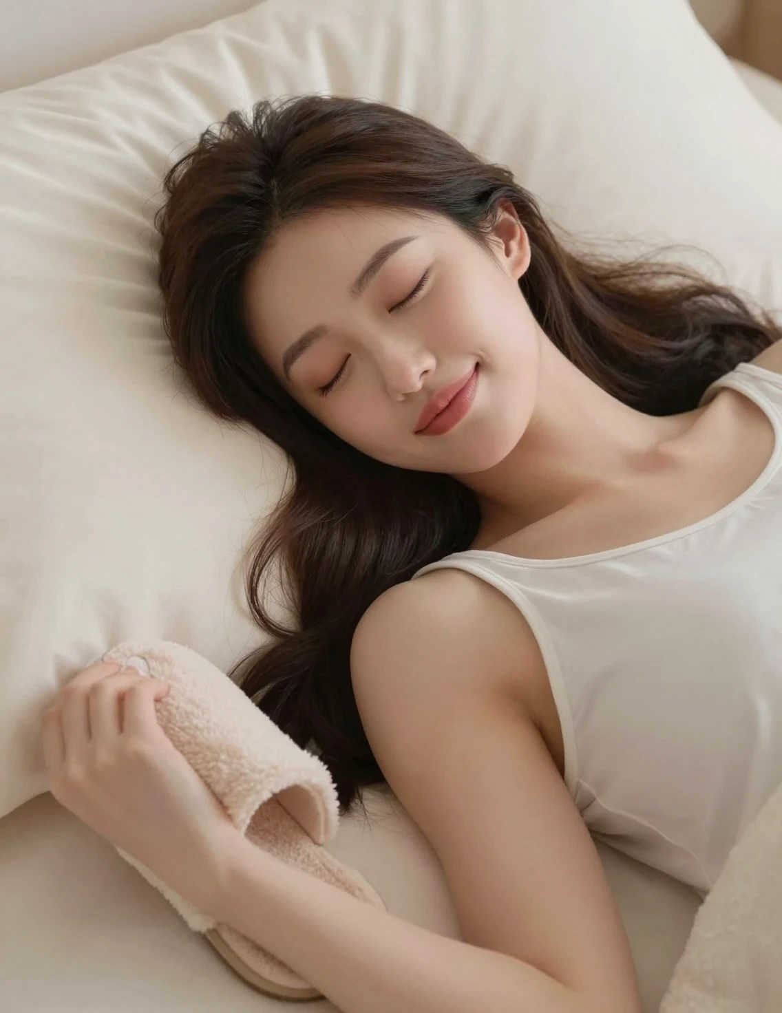 Relaxed young woman resting on a plush bed