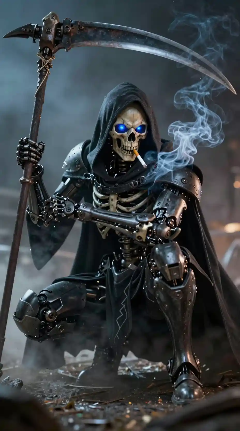 Mechanical grim reaper squatting with scythe and cigarette