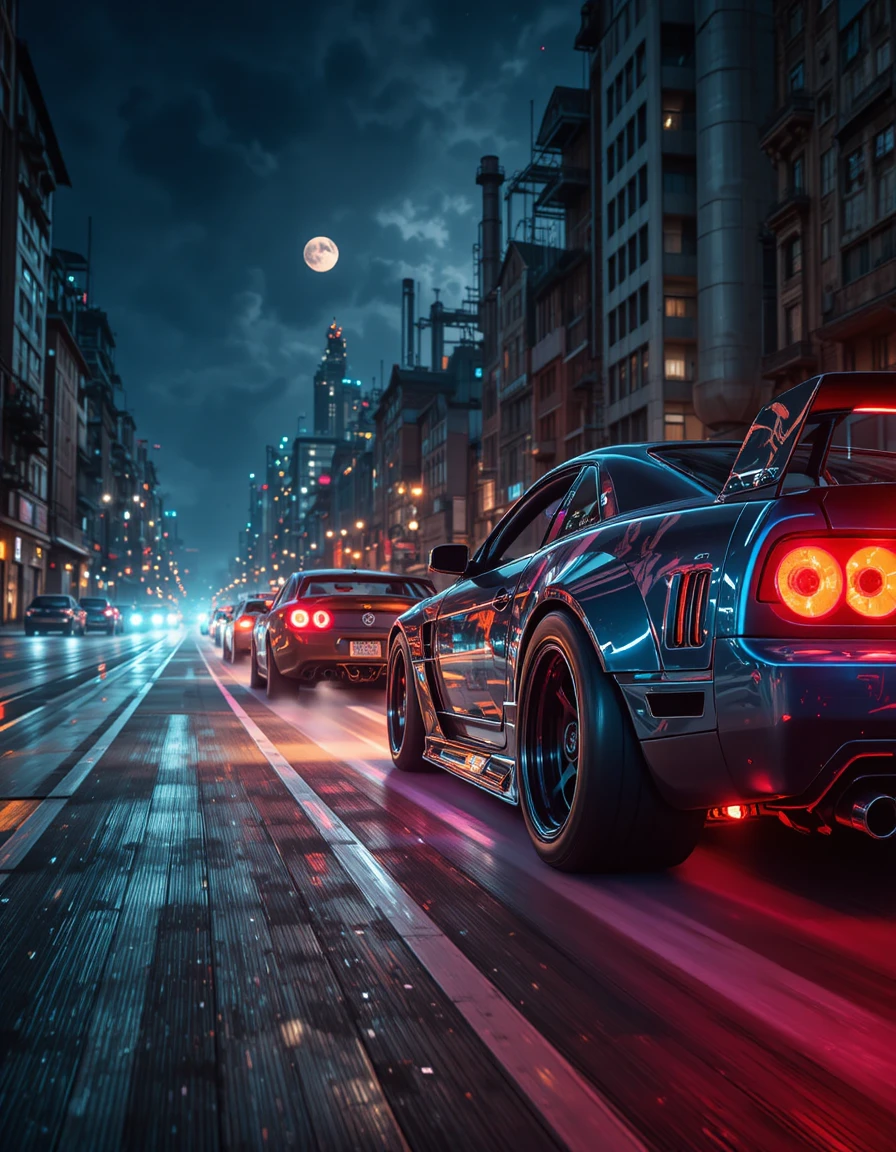 Close up street racing cars with neon glow at night