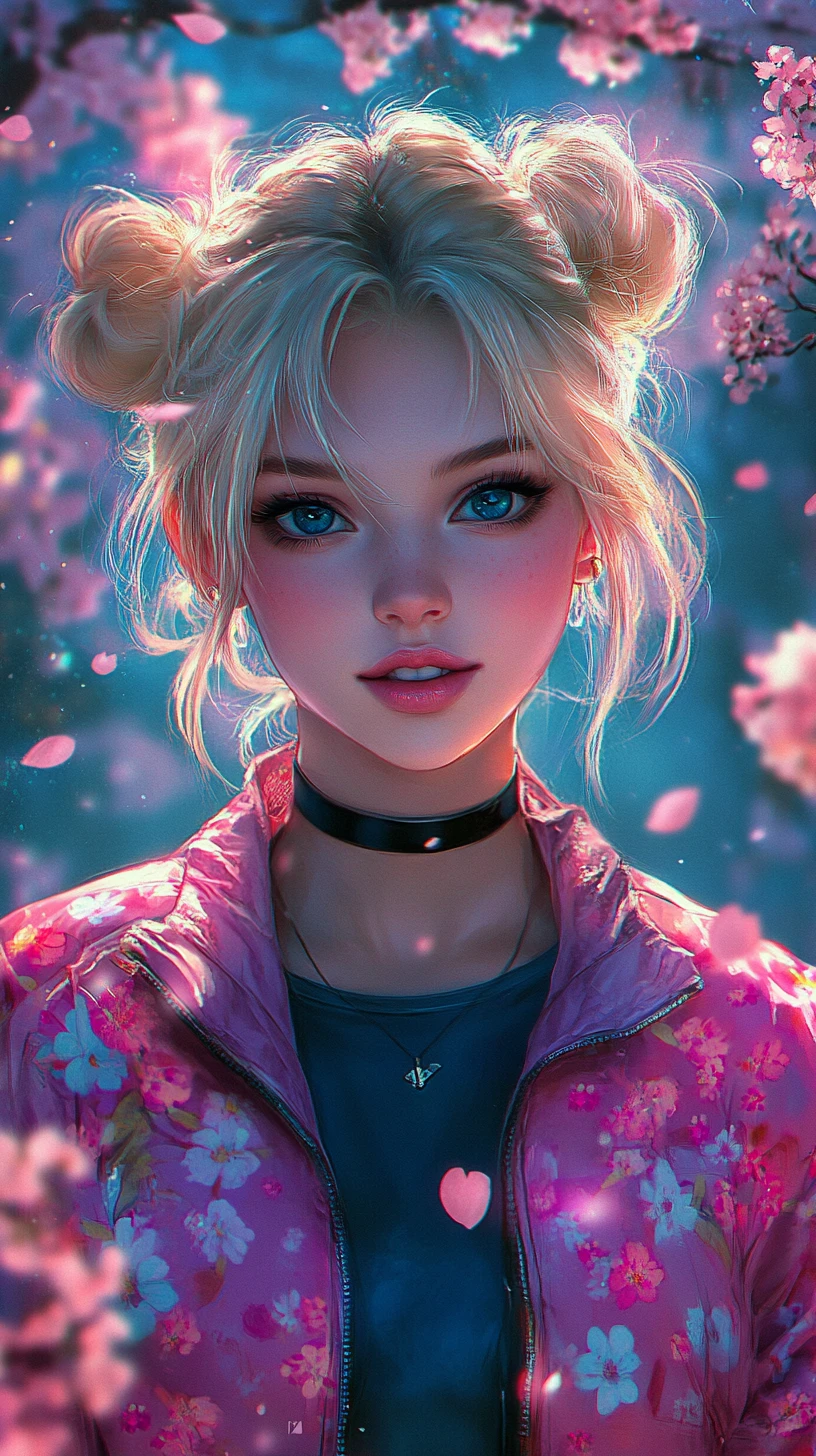 Anime girl in pink jacket in a glowing night forest