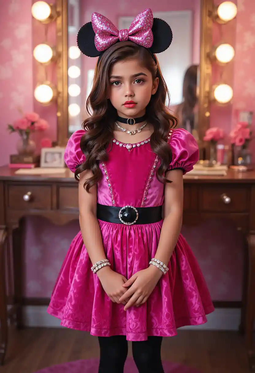 Young boy posing in pink minnie dress at vanity