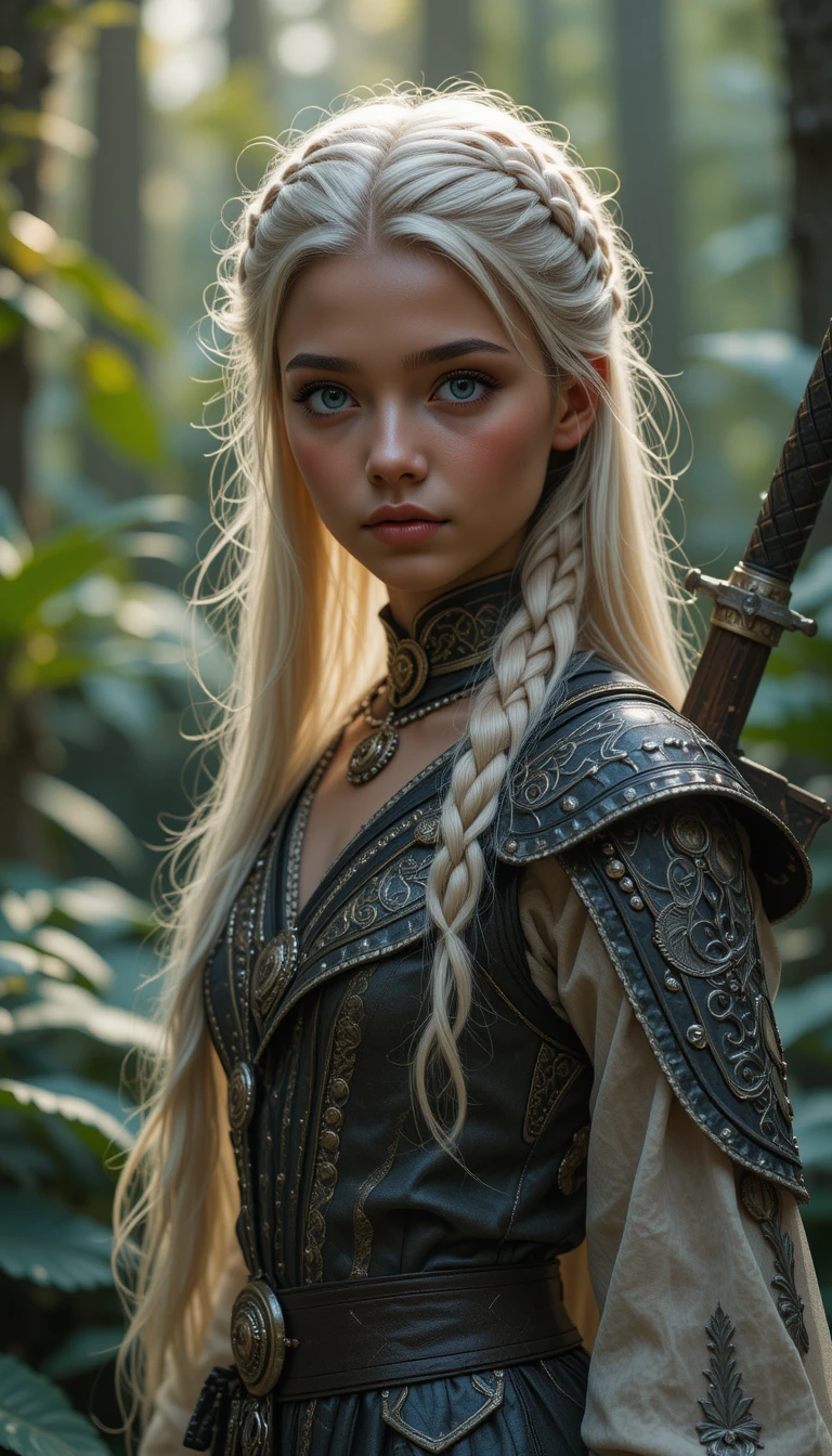 Romanian girl warrior with rapier in tropical forest