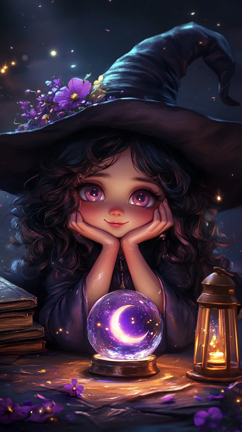 Chibi witch gazing into a glowing purple crystal ball