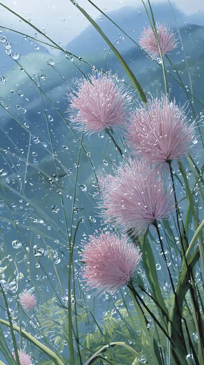Pink pampas grass with cherries beside shimmering blue water