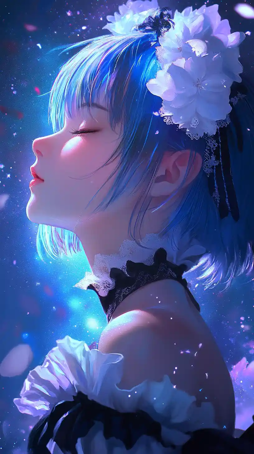 Blue haired anime maid girl in serene cosmic starlight