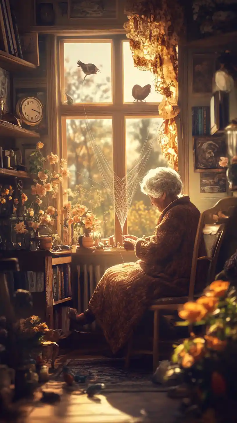Grandmother Sewing As A Single Thread Forms A Heart