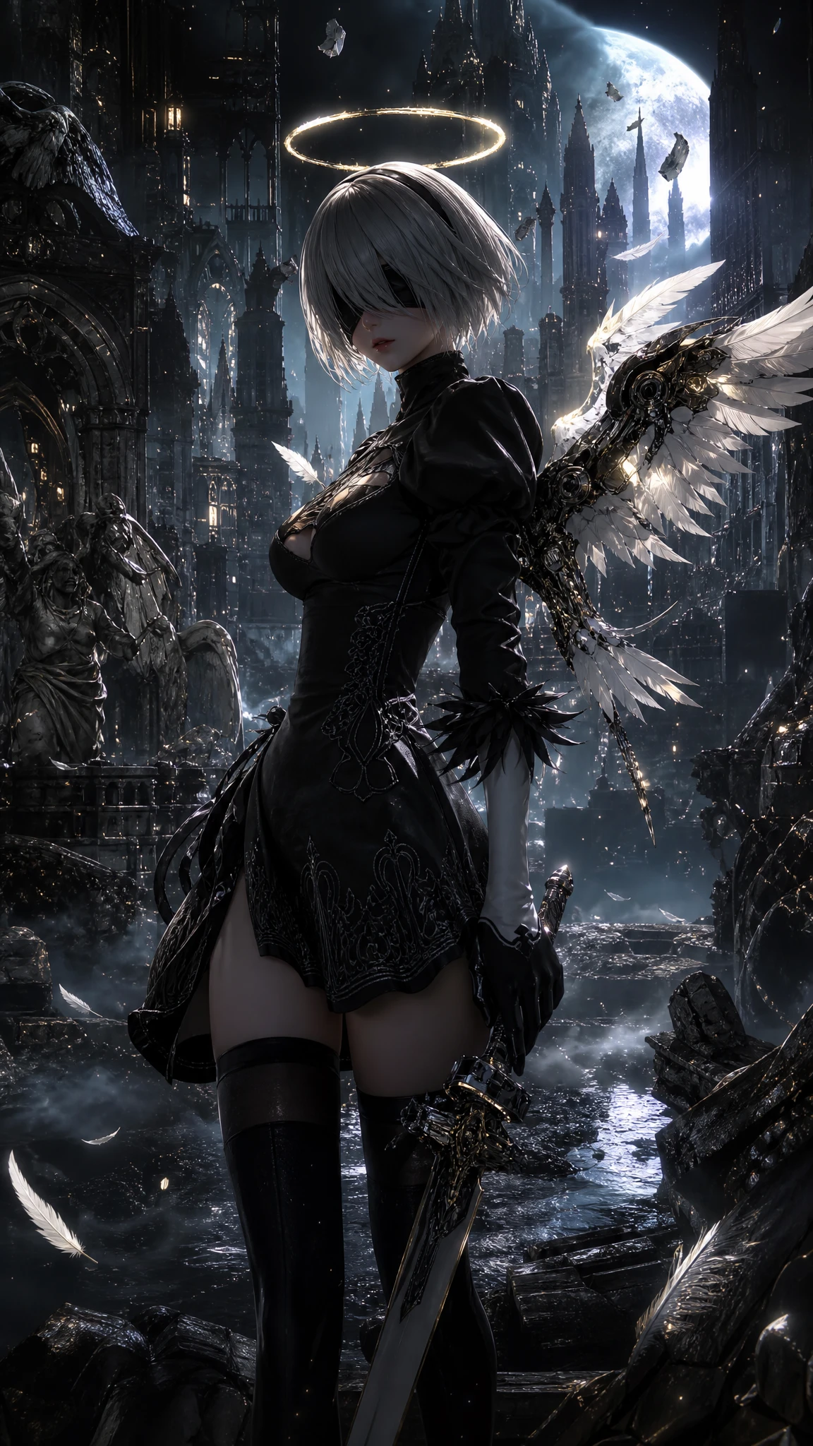 Gothic android woman with angelic wings in ruined cathedral