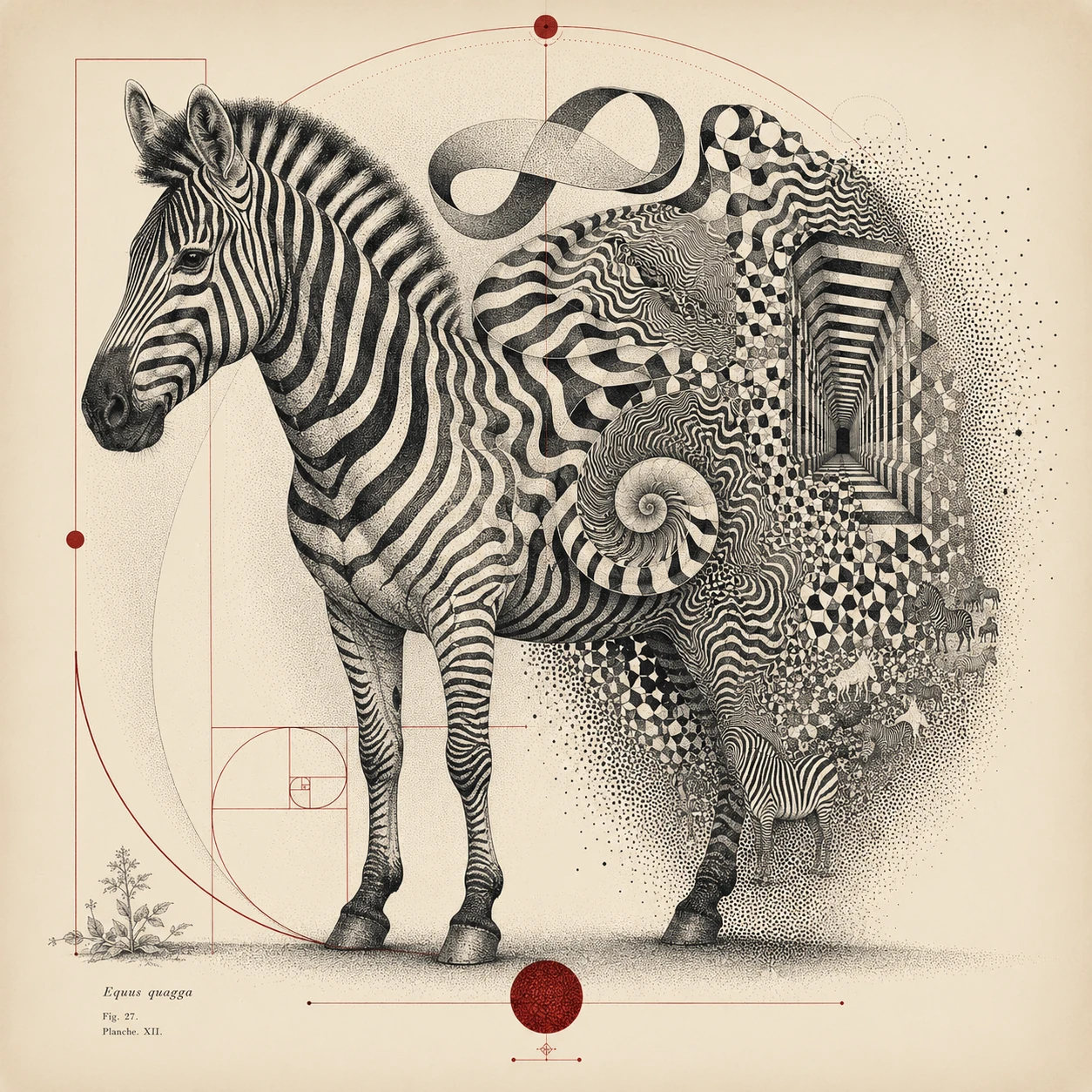 Zebra With Stripes Transforming Into Abstract Mathematical Forms