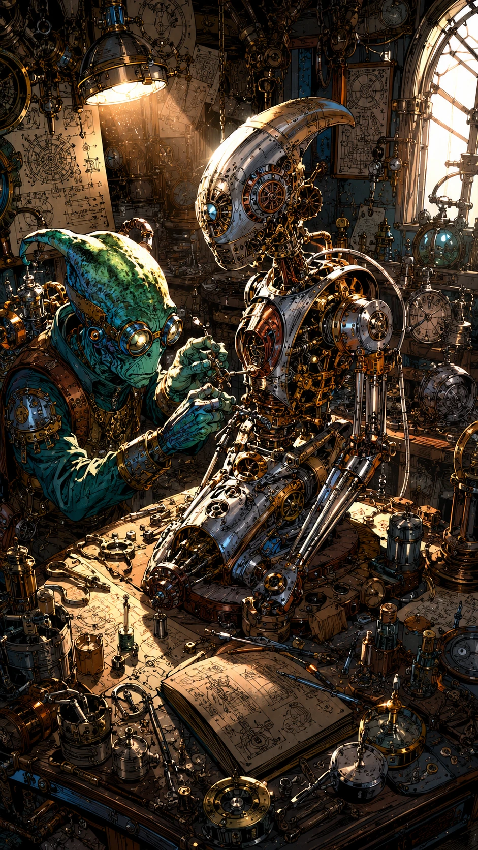 Alien steampunk inventor workshop with glowing automaton