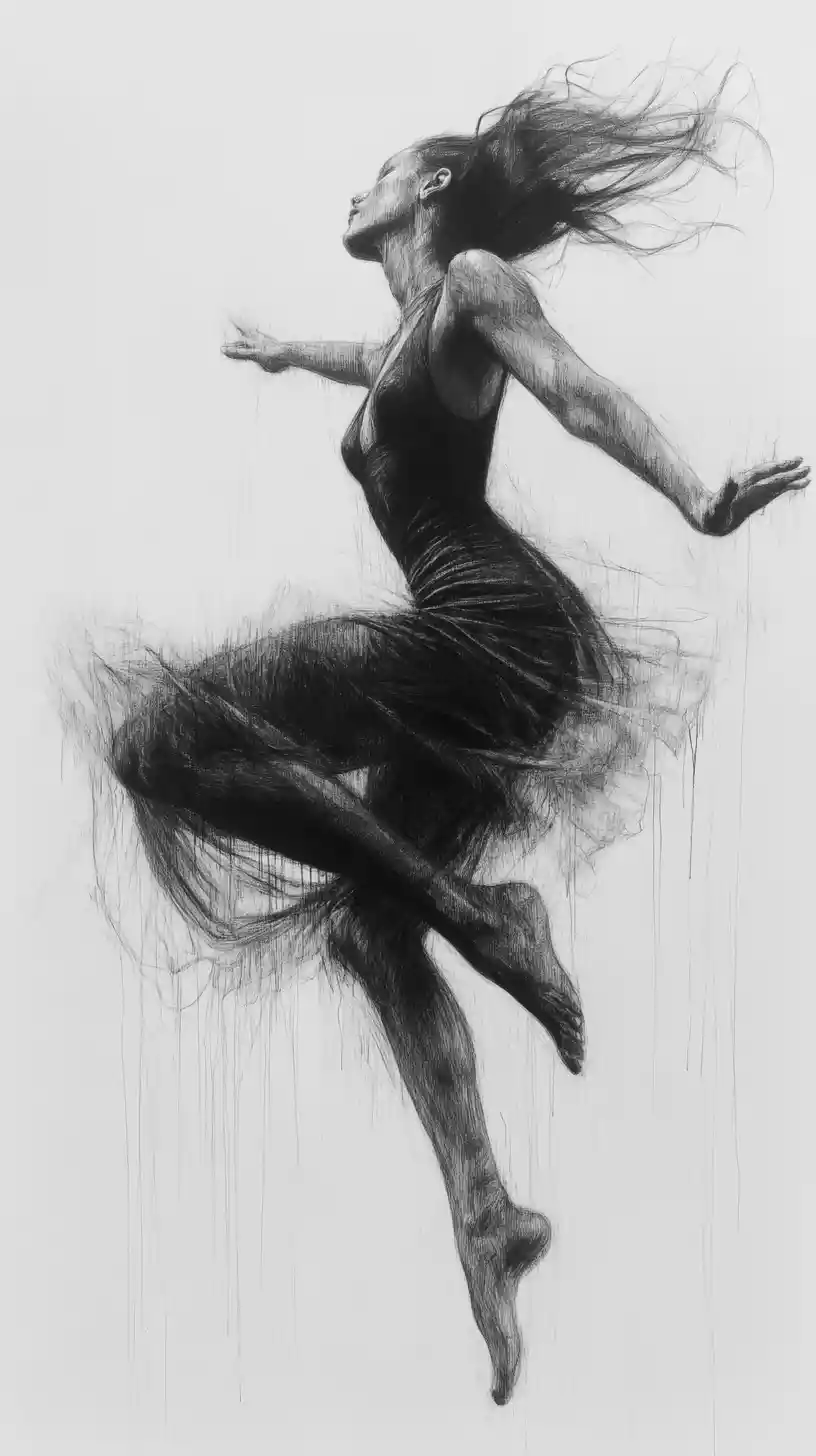 Elegante ballerina in un vortice turbinante di grafite – schizzo a figura intera