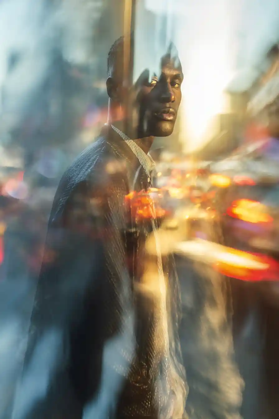 Man standing still on a busy city street at night