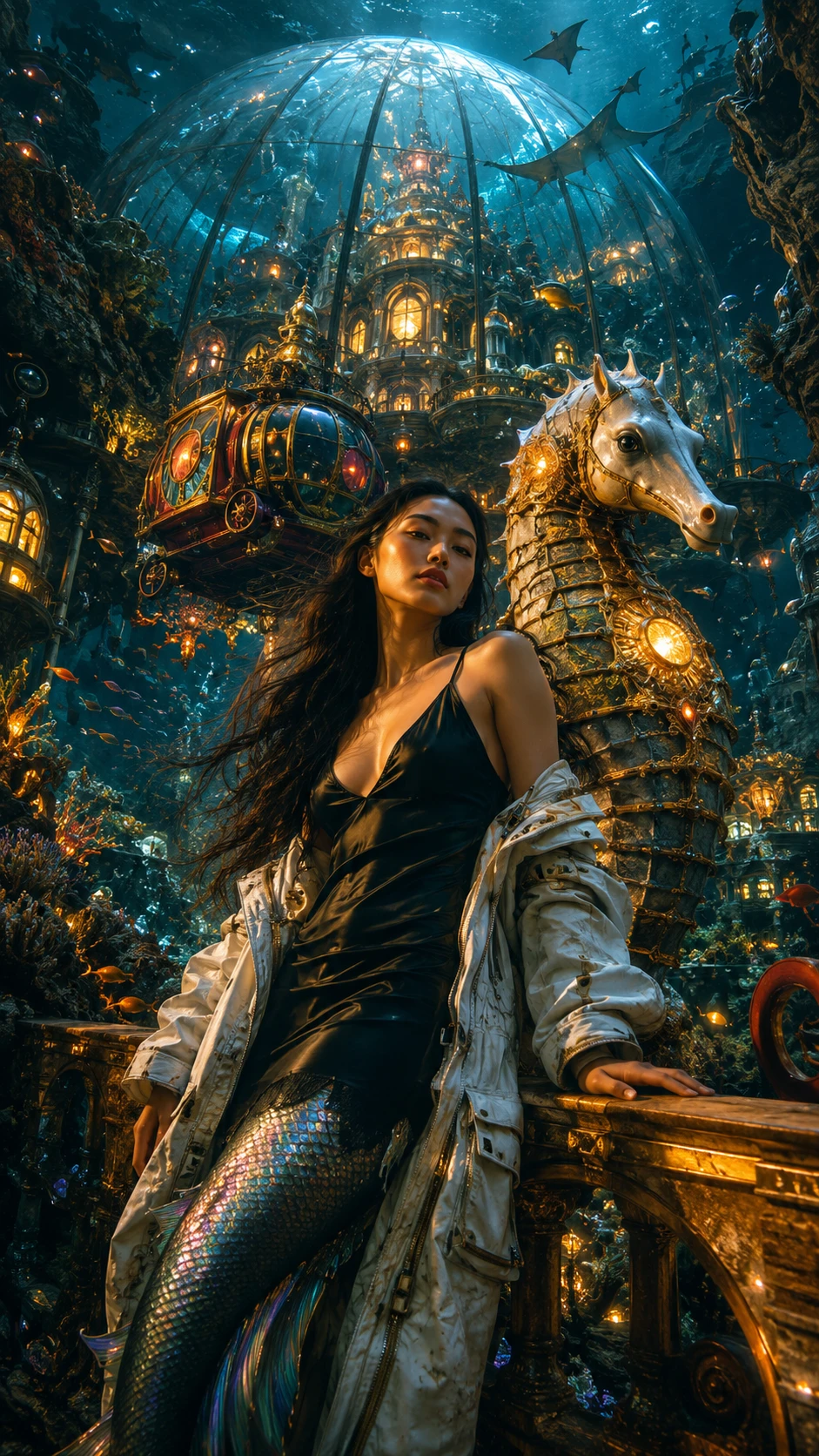 Guardiana Sirena en una Lujosa Ciudad de Cristal Submarina