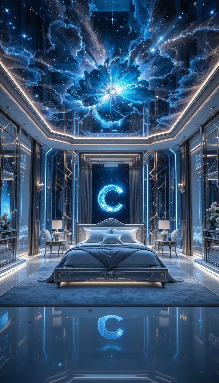 Luxury crystal bedroom with floating furniture and galaxy ceiling