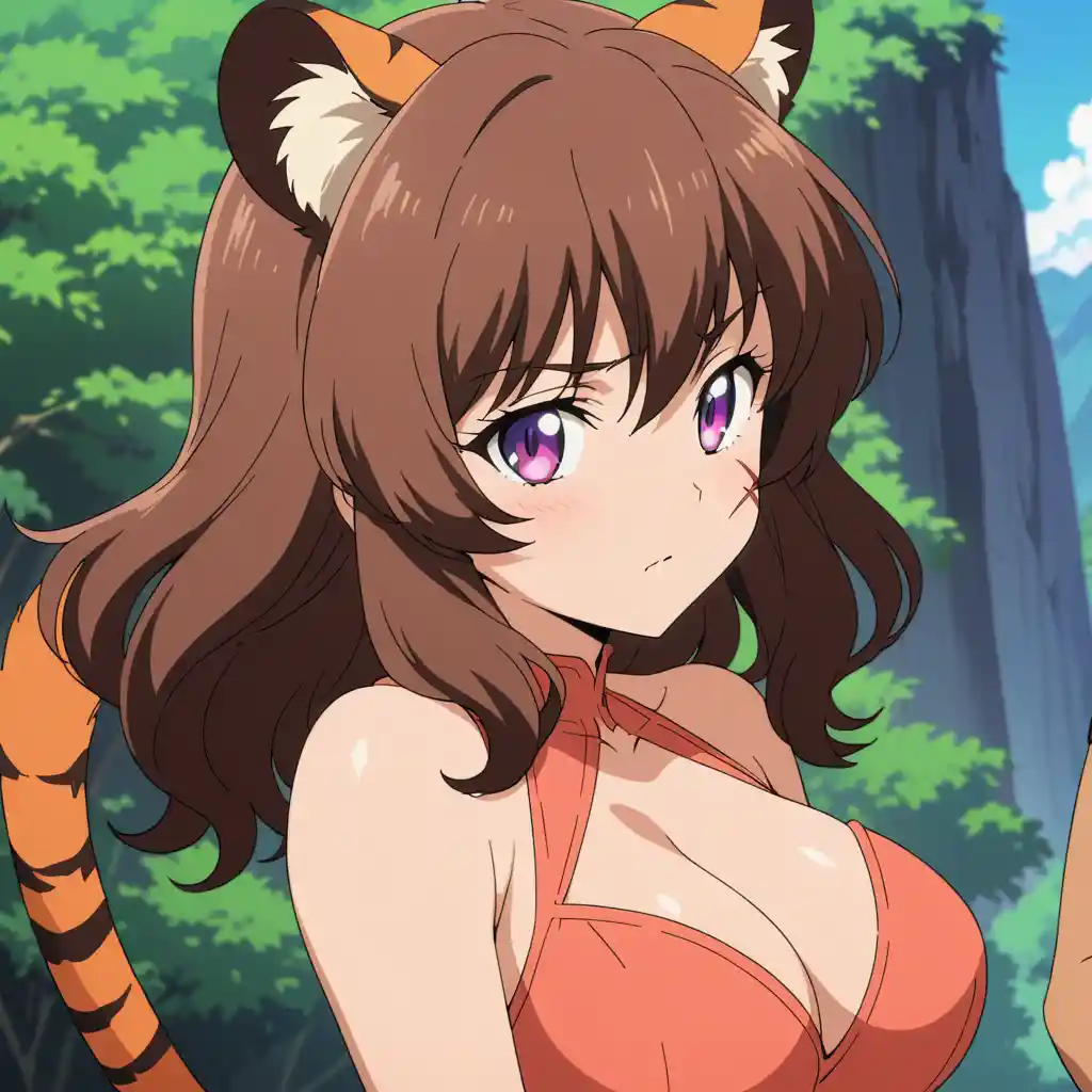 Curvy tiger eared woman with violet eyes and scars