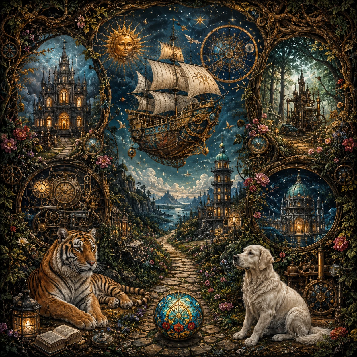 Majestic fantasy airship over a mystical night landscape