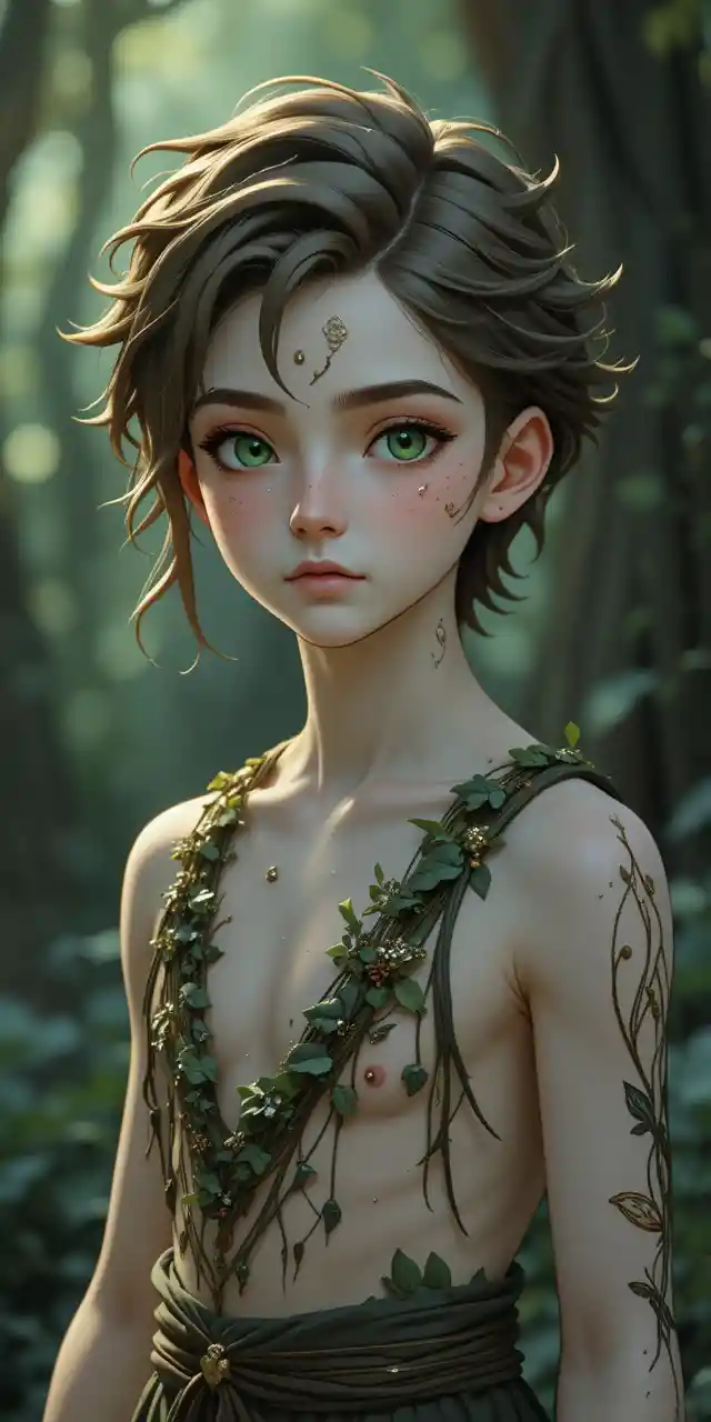 Young fantasy boy with dark nature magic aura