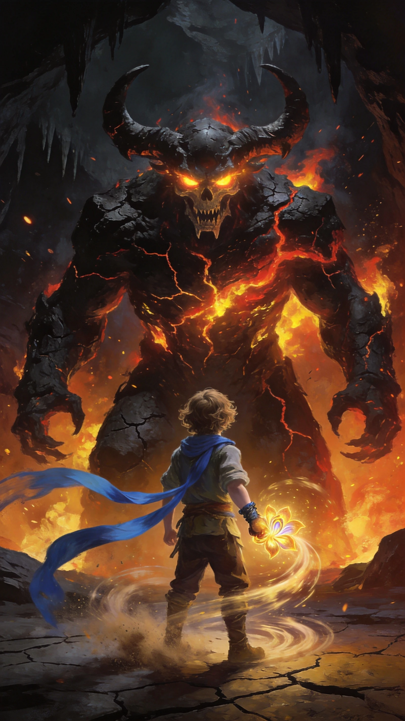 Teenage hero facing fiery colossus in vast cavern