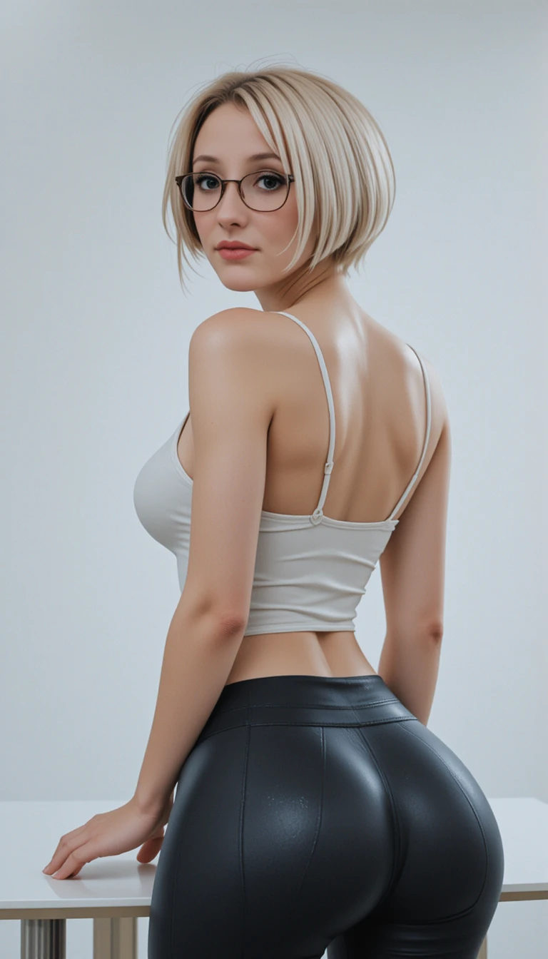 Blonde woman in glasses leaning forward in leggings
