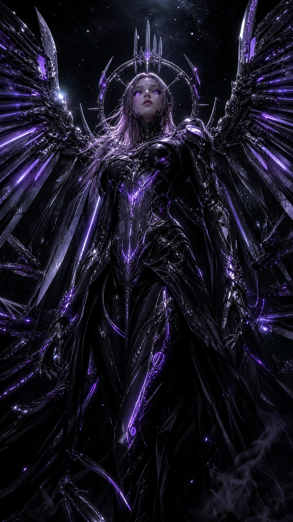 Cybernetic woman with biomechanical wings in dark cosmic void