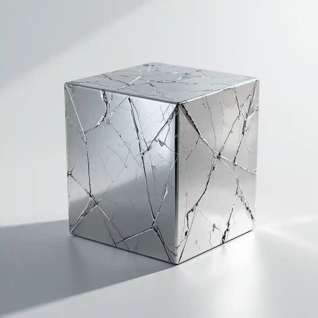 Polished metallic cube on pure white minimalist background