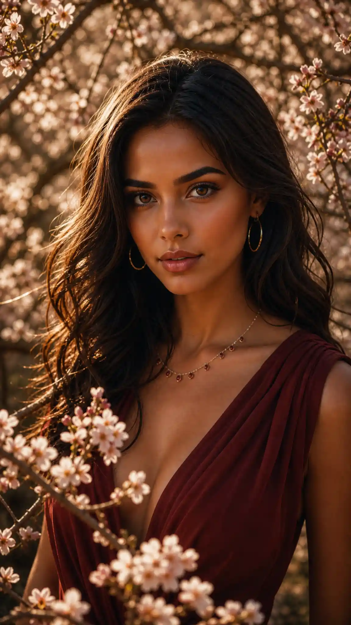 Elegant woman in burgundy dress among cherry blossoms