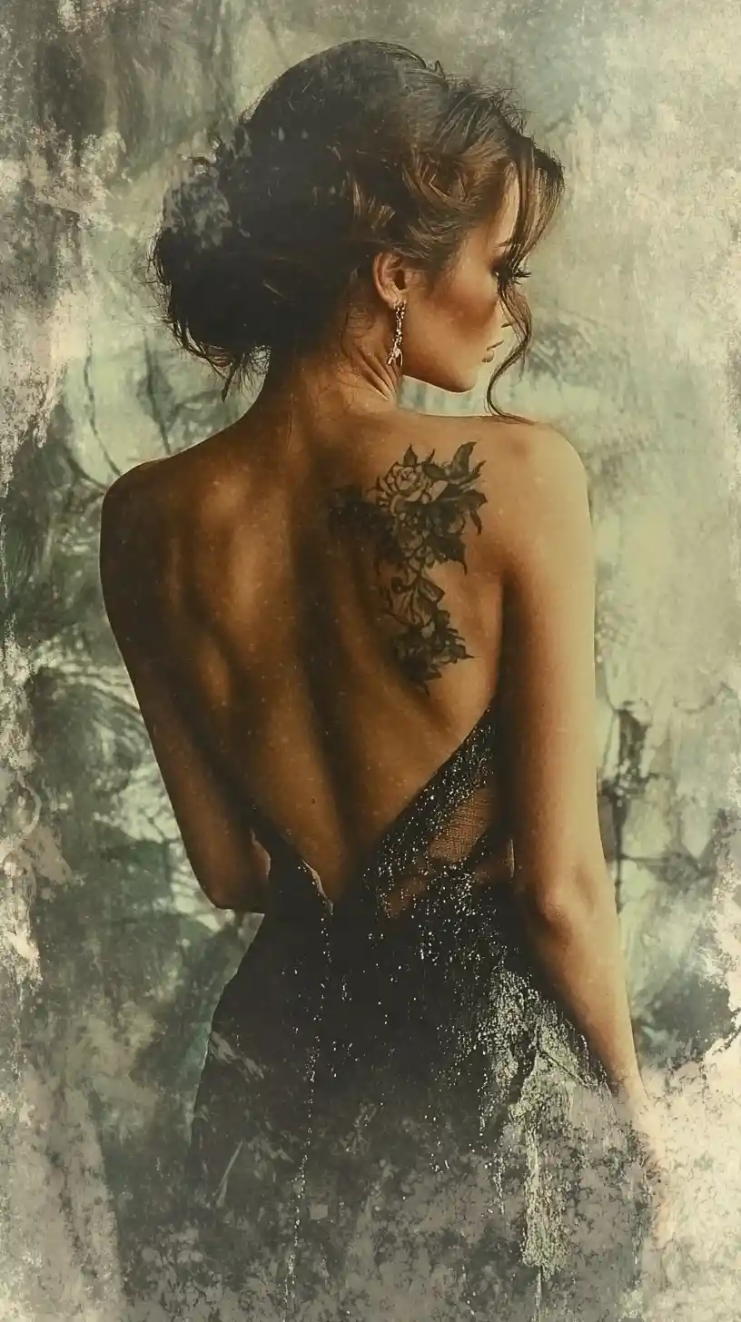 Elegant woman in a backless evening gown with tattooed back